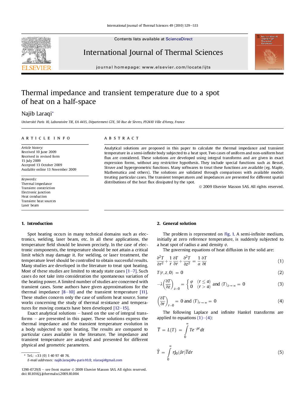 Thermal impedance and transient temperature due to a spot of heat on a half-space