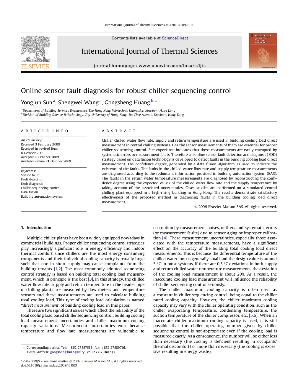 Online sensor fault diagnosis for robust chiller sequencing control