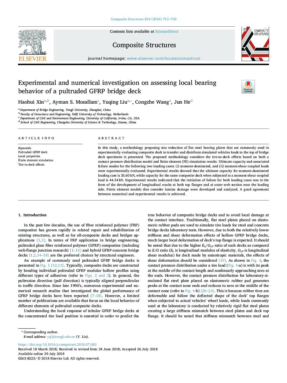 Experimental and numerical investigation on assessing local bearing behavior of a pultruded GFRP bridge deck