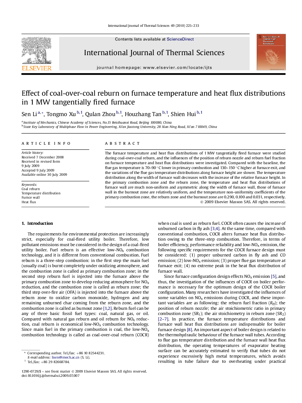 Effect of coal-over-coal reburn on furnace temperature and heat flux distributions in 1 MW tangentially fired furnace