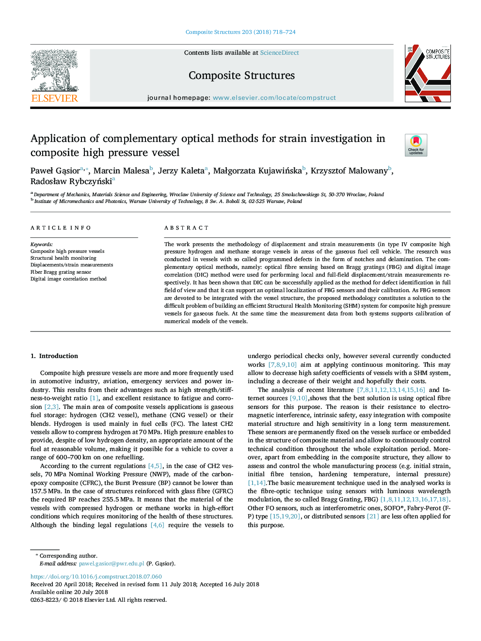 Application of complementary optical methods for strain investigation in composite high pressure vessel