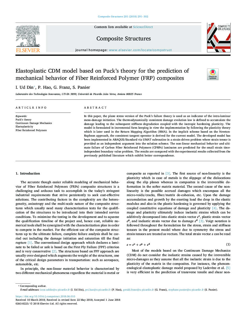 Elastoplastic CDM model based on Puck's theory for the prediction of mechanical behavior of Fiber Reinforced Polymer (FRP) composites