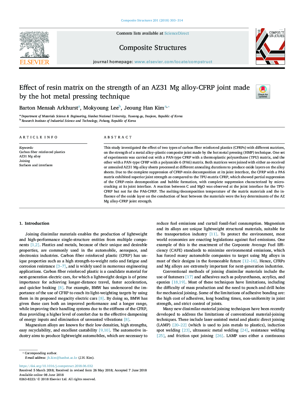 Effect of resin matrix on the strength of an AZ31 Mg alloy-CFRP joint made by the hot metal pressing technique