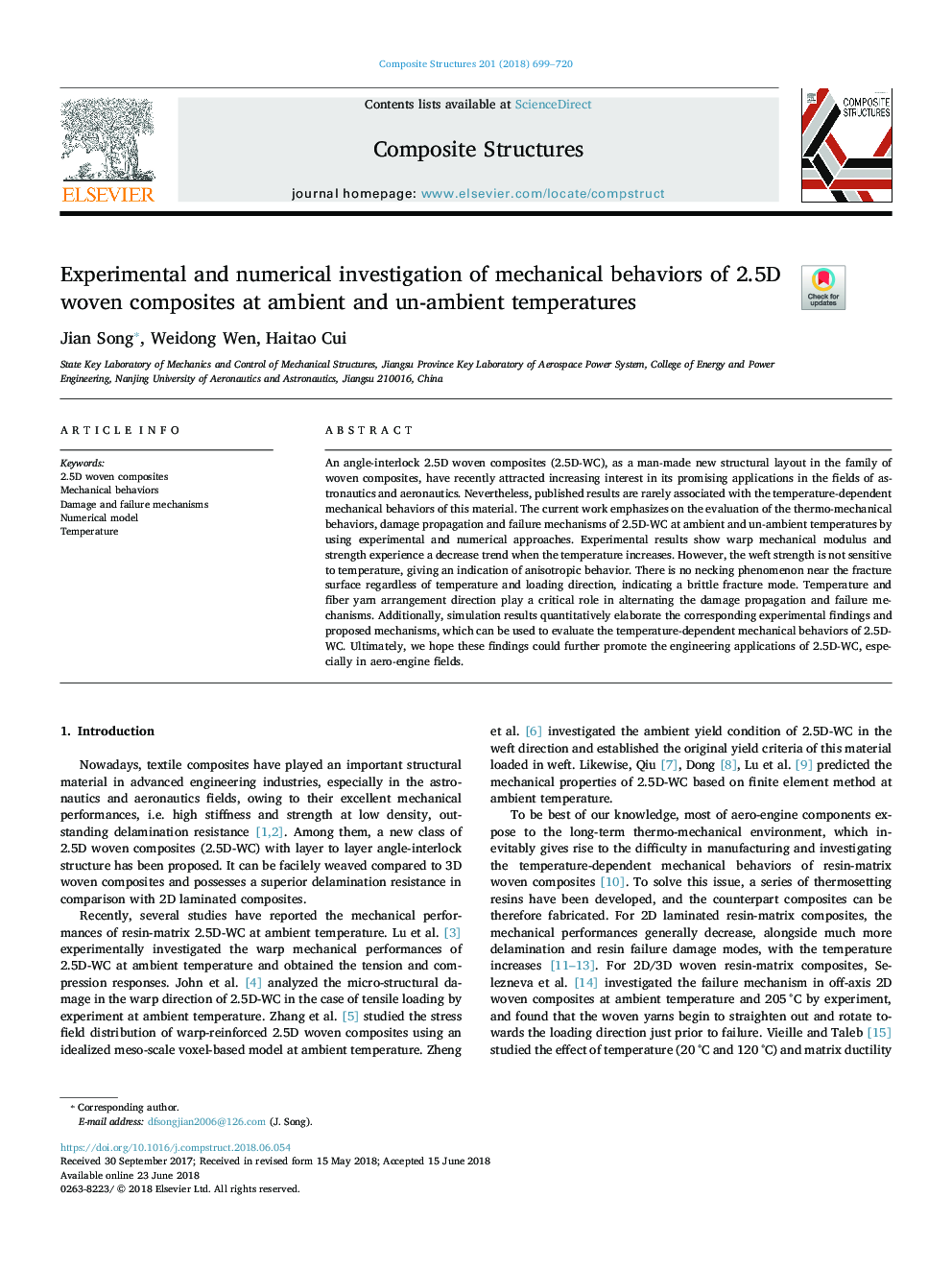 Experimental and numerical investigation of mechanical behaviors of 2.5D woven composites at ambient and un-ambient temperatures