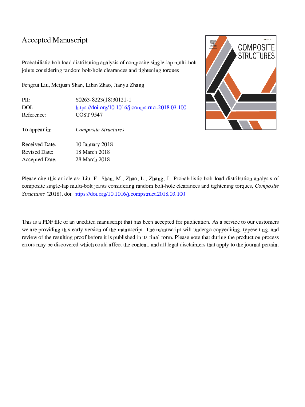 Probabilistic bolt load distribution analysis of composite single-lap multi-bolt joints considering random bolt-hole clearances and tightening torques