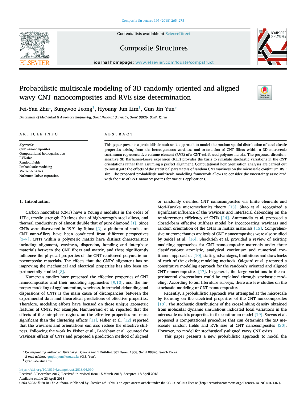 Probabilistic multiscale modeling of 3D randomly oriented and aligned wavy CNT nanocomposites and RVE size determination