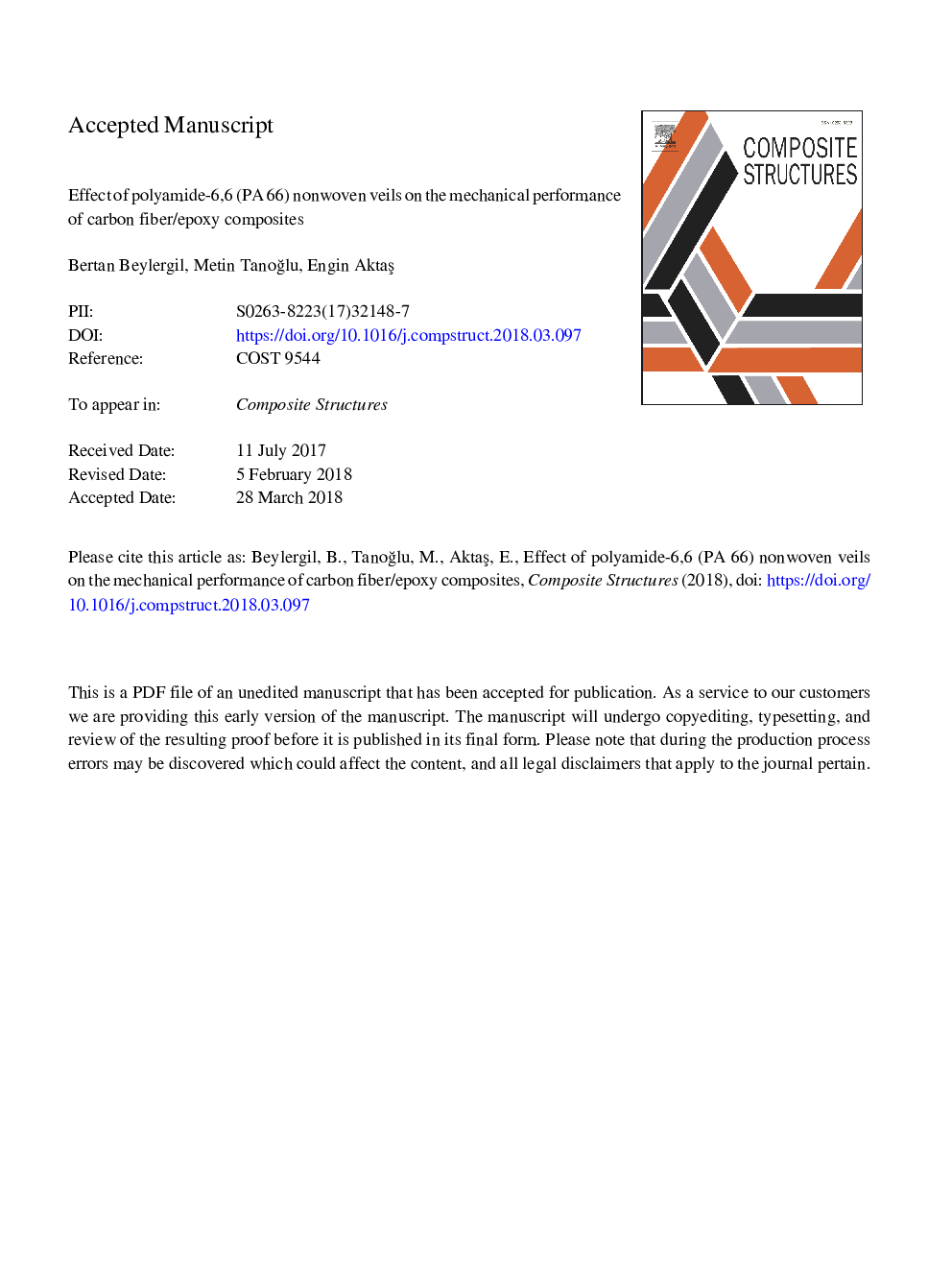 عکس صفحه اول مقاله: Effect of polyamide-6,6 (PA 66) nonwoven veils on the mechanical performance of carbon fiber/epoxy composites Effect of polyamide-6,6 (PA 66) nonwoven veils on the mechanical performance of carbon fiber/epoxy composites