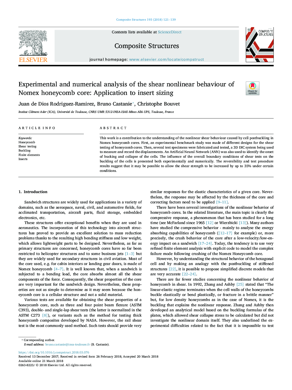 عکس صفحه اول مقاله: Experimental and numerical analysis of the shear nonlinear behaviour of Nomex honeycomb core: Application to insert sizing Experimental and numerical analysis of the shear nonlinear behaviour of Nomex honeycomb core: Application to insert sizing