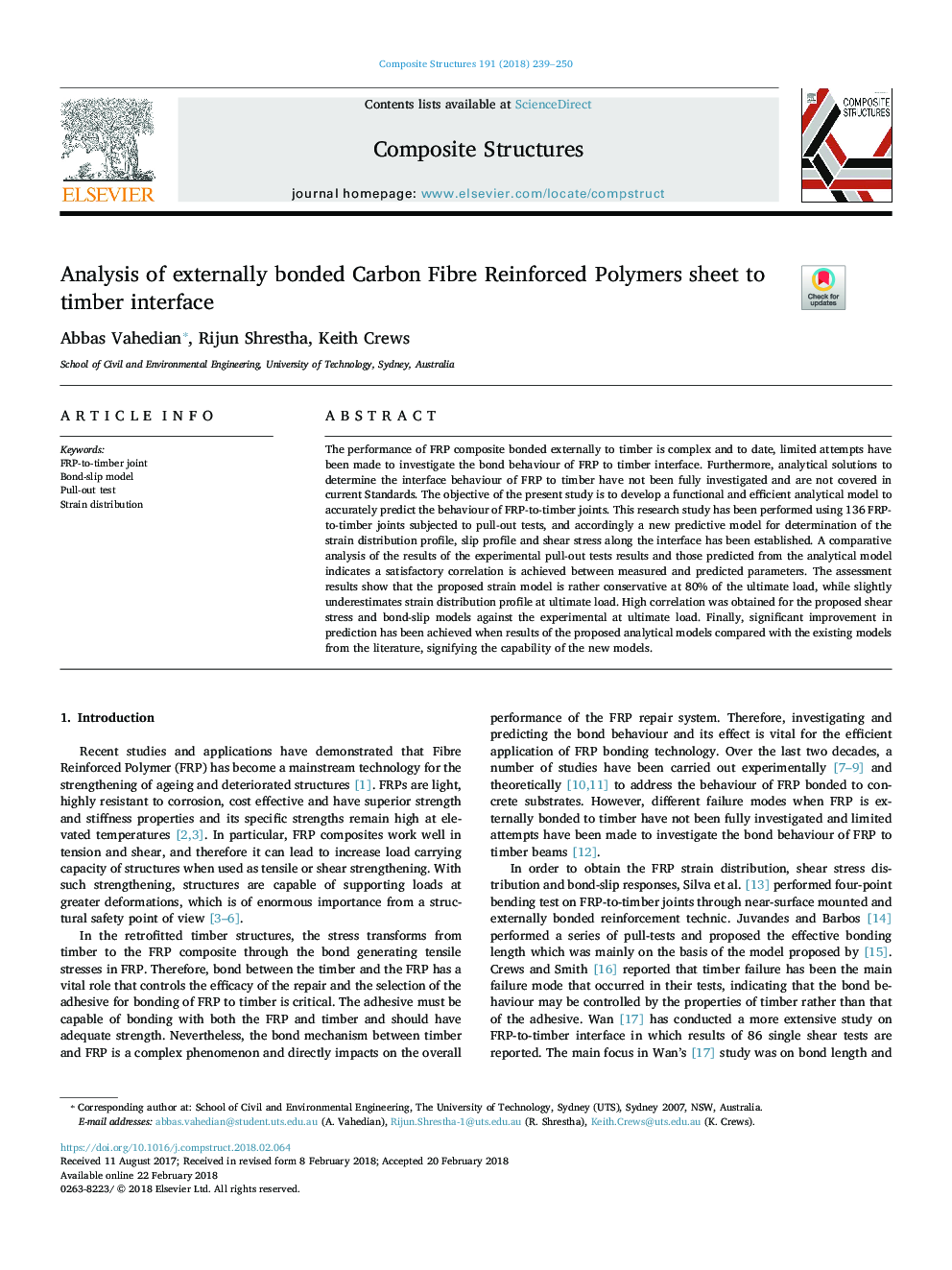 Analysis of externally bonded Carbon Fibre Reinforced Polymers sheet to timber interface