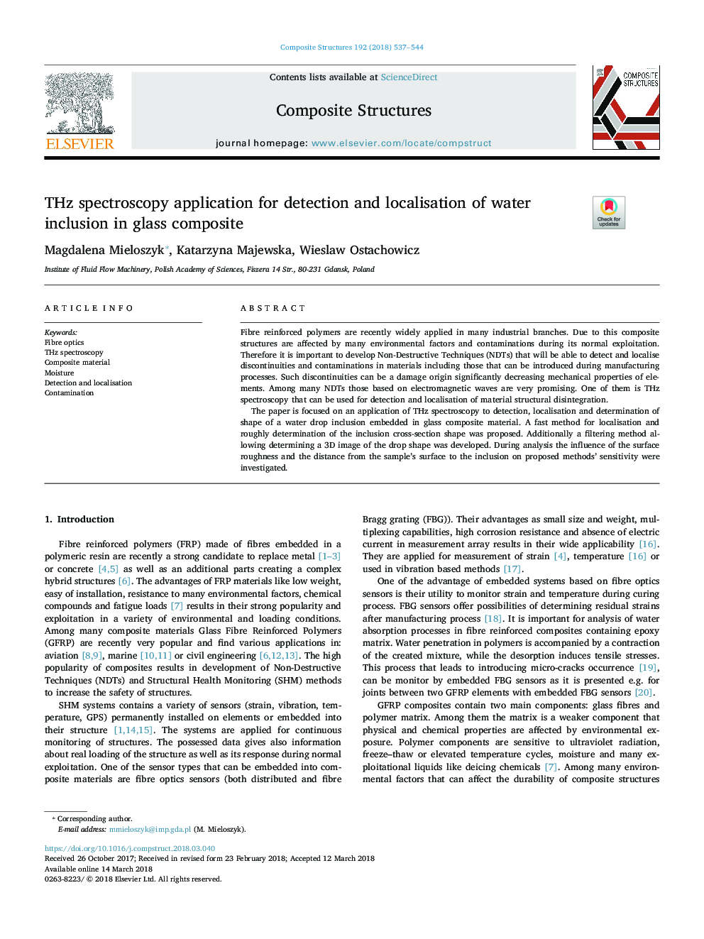 THz spectroscopy application for detection and localisation of water inclusion in glass composite