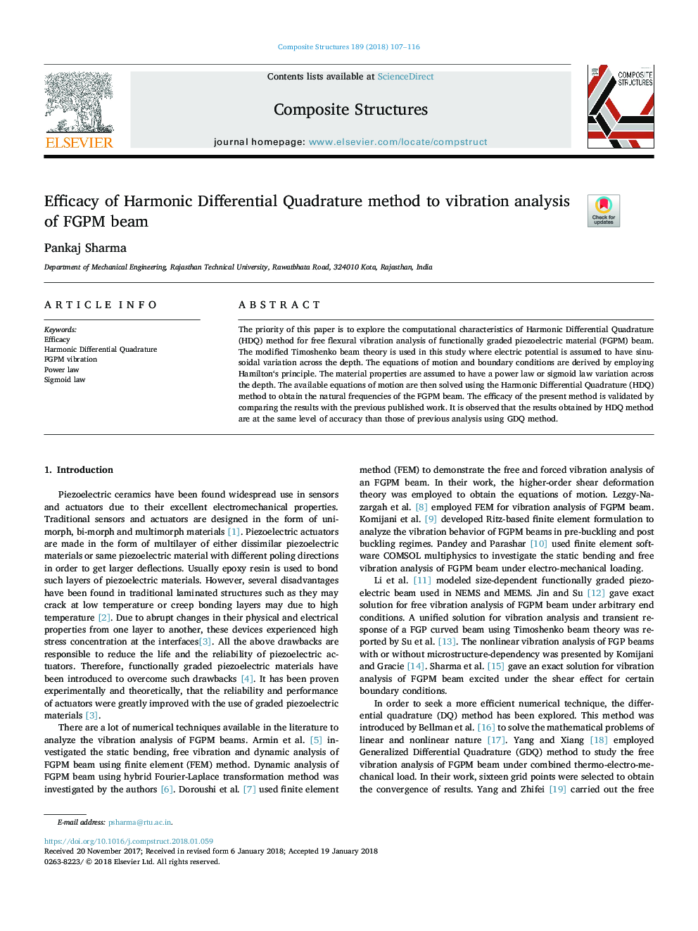 Efficacy of Harmonic Differential Quadrature method to vibration analysis of FGPM beam