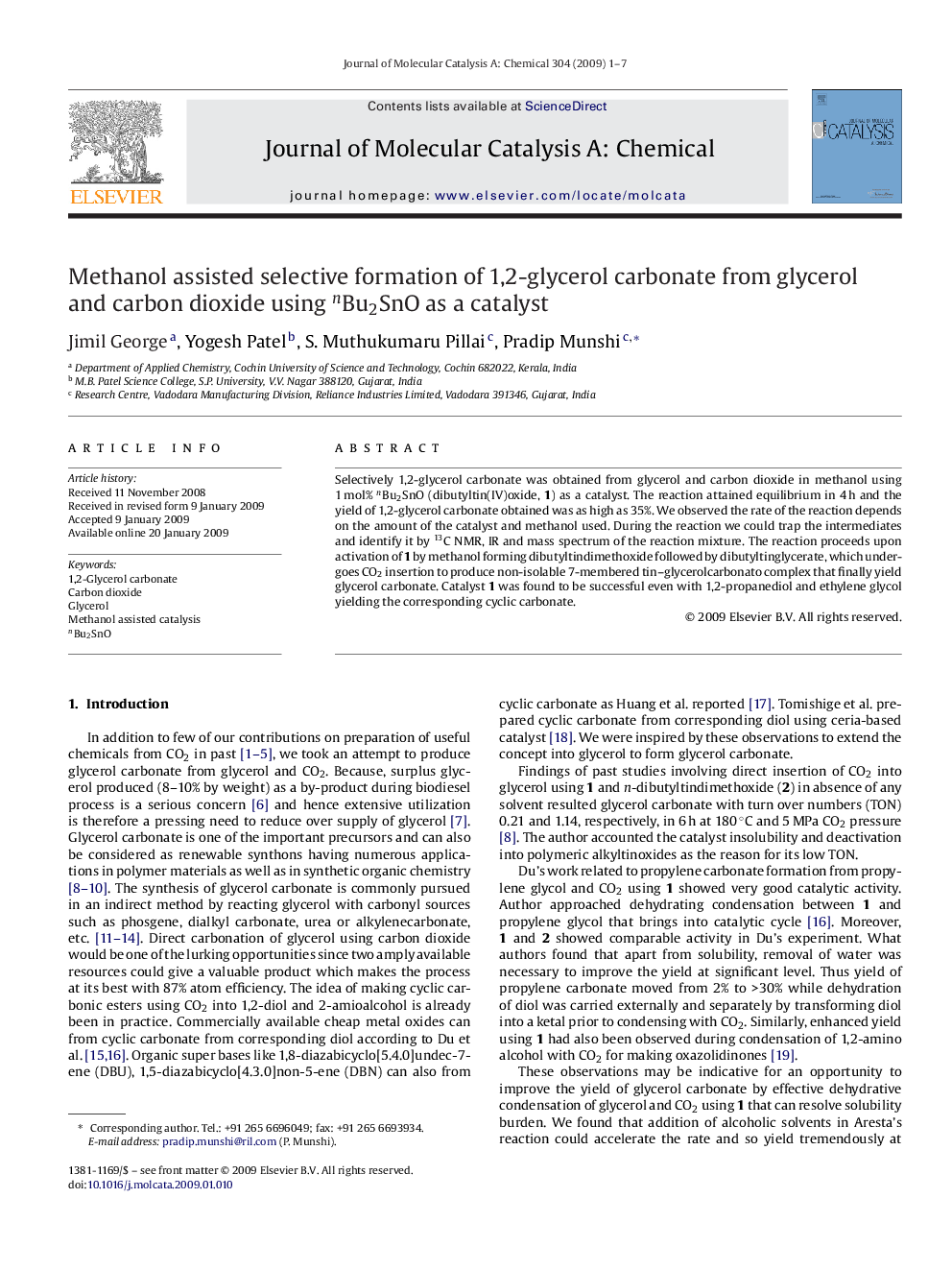 Methanol assisted selective formation of 1,2-glycerol carbonate from glycerol and carbon dioxide using nBu2SnO as a catalyst