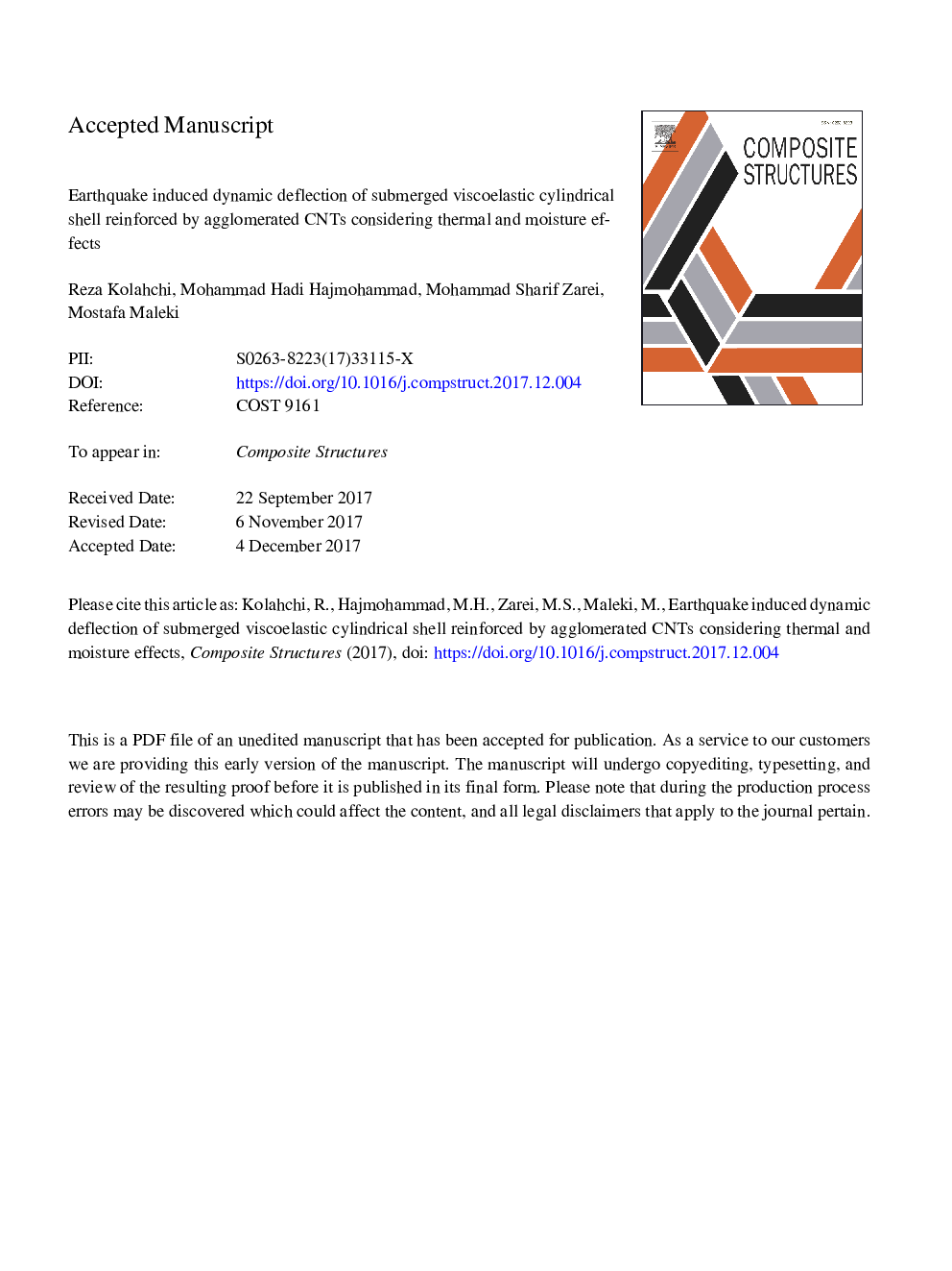 عکس صفحه اول مقاله: Earthquake induced dynamic deflection of submerged viscoelastic cylindrical shell reinforced by agglomerated CNTs considering thermal and moisture effects Earthquake induced dynamic deflection of submerged viscoelastic cylindrical shell reinforced by agglomerated CNTs considering thermal and moisture effects