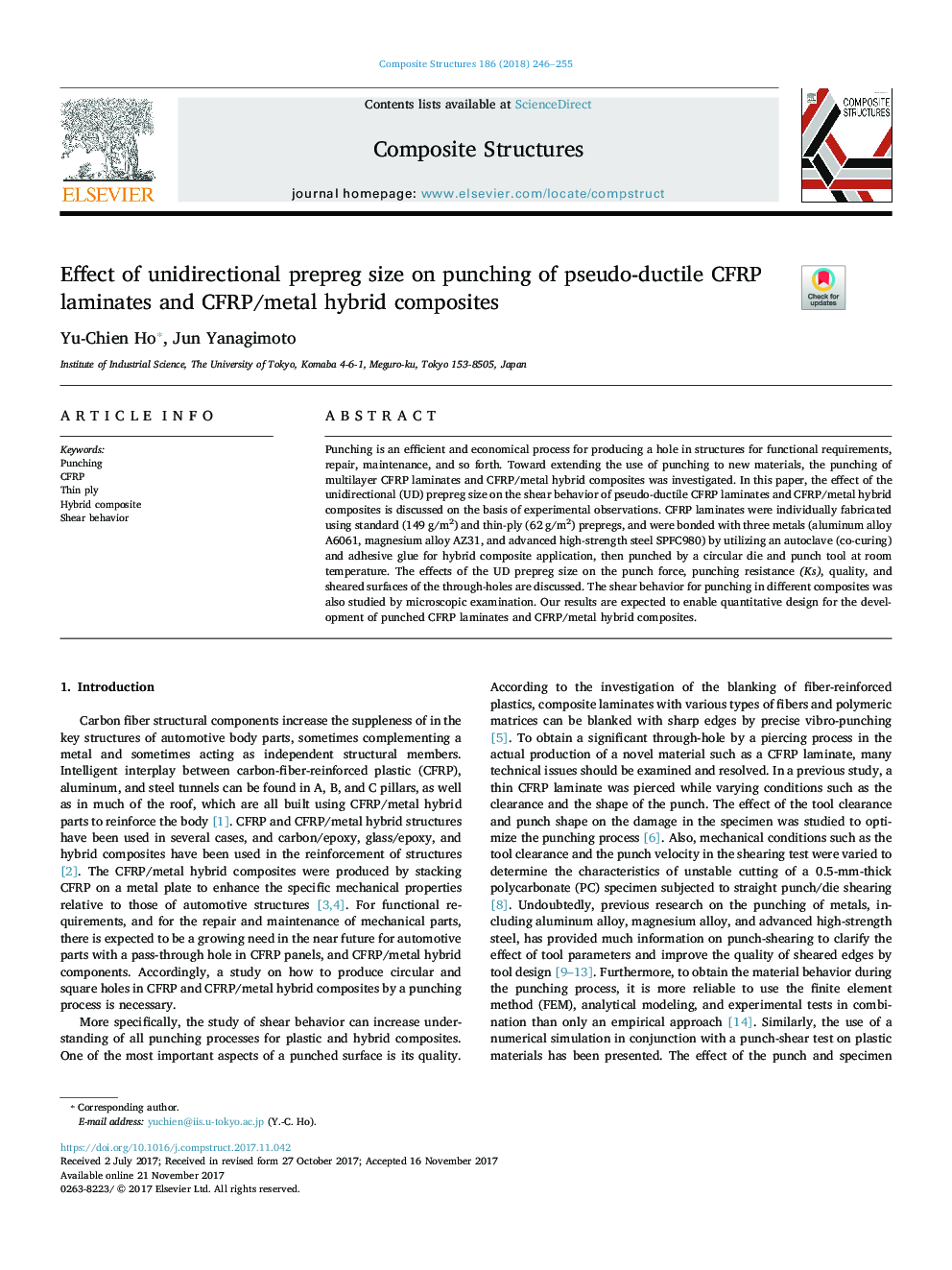 Effect of unidirectional prepreg size on punching of pseudo-ductile CFRP laminates and CFRP/metal hybrid composites