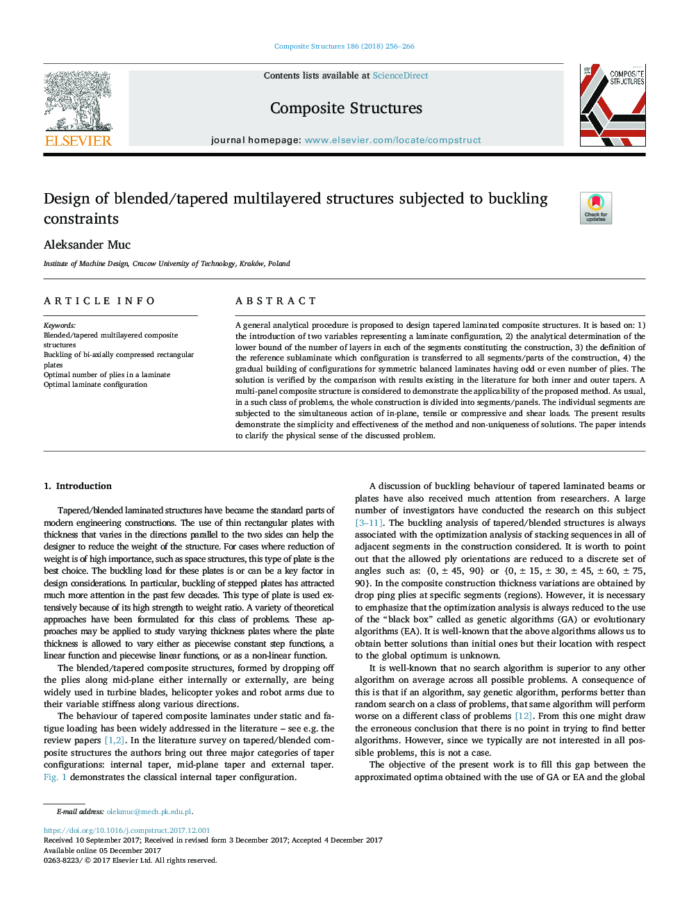 Design of blended/tapered multilayered structures subjected to buckling constraints