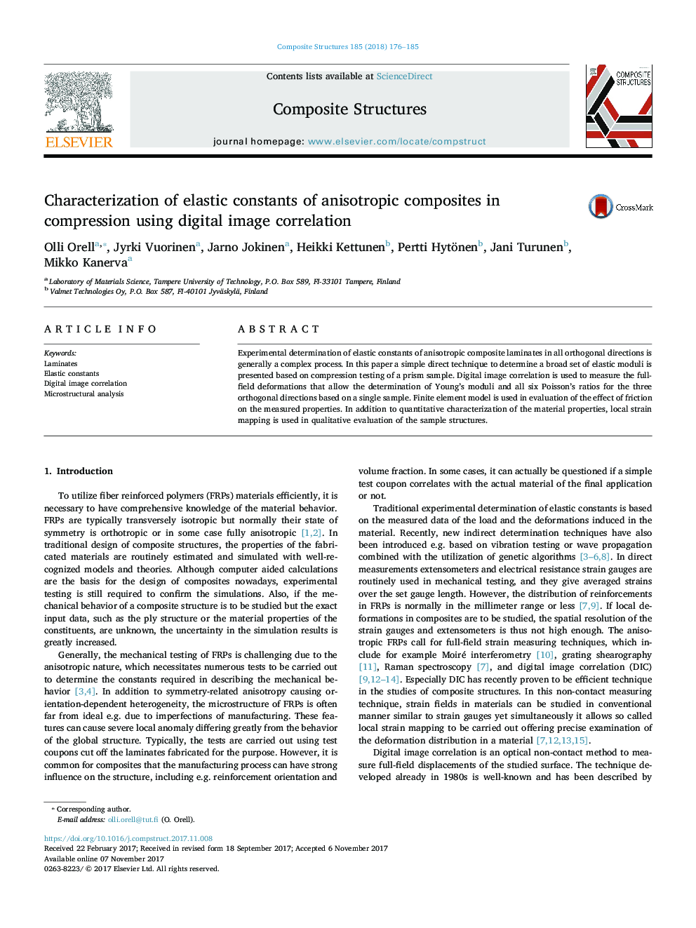 Characterization of elastic constants of anisotropic composites in compression using digital image correlation