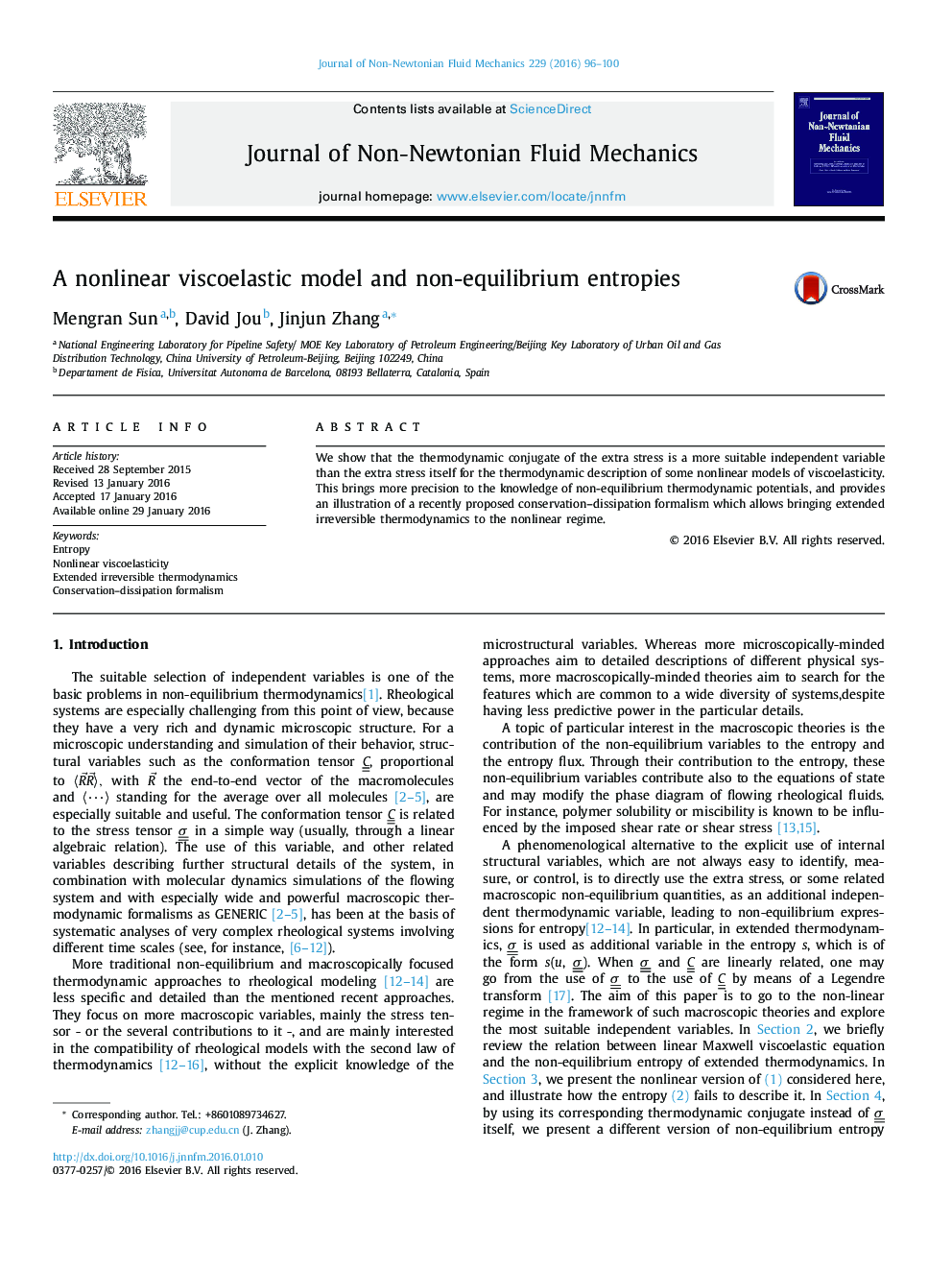 A nonlinear viscoelastic model and non-equilibrium entropies