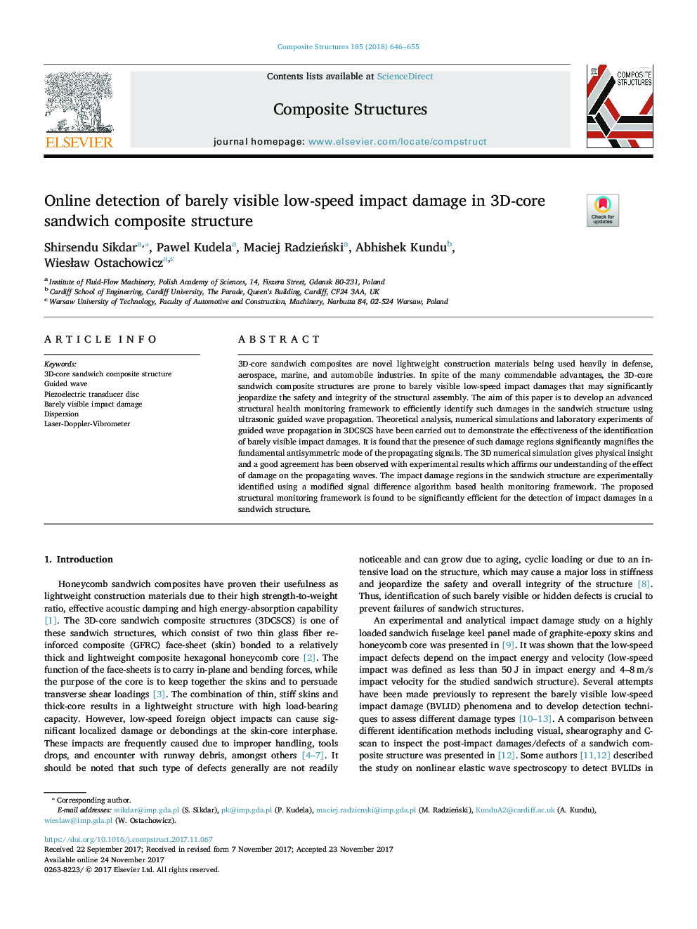 Online detection of barely visible low-speed impact damage in 3D-core sandwich composite structure