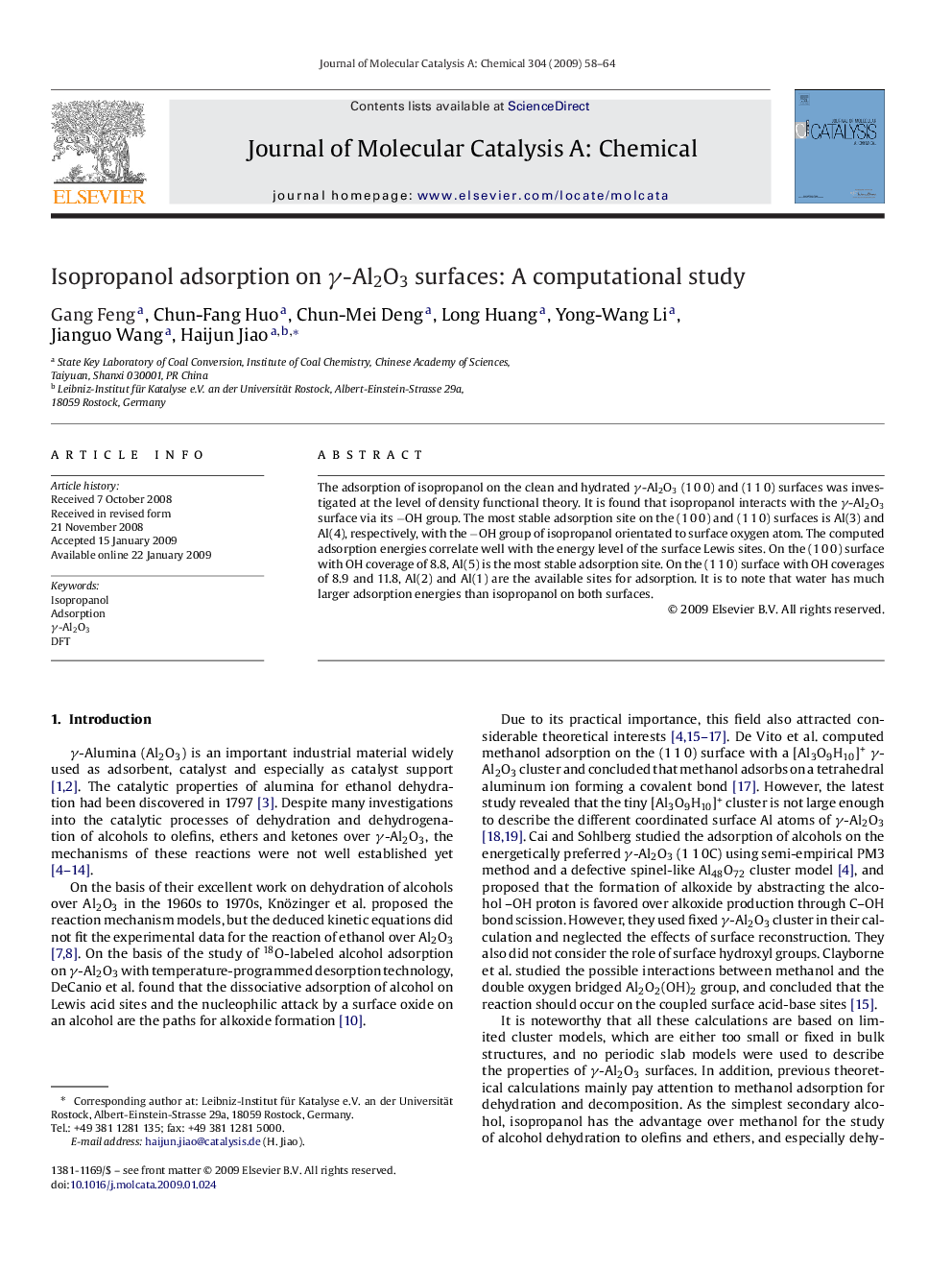 Isopropanol adsorption on γ-Al2O3 surfaces: A computational study