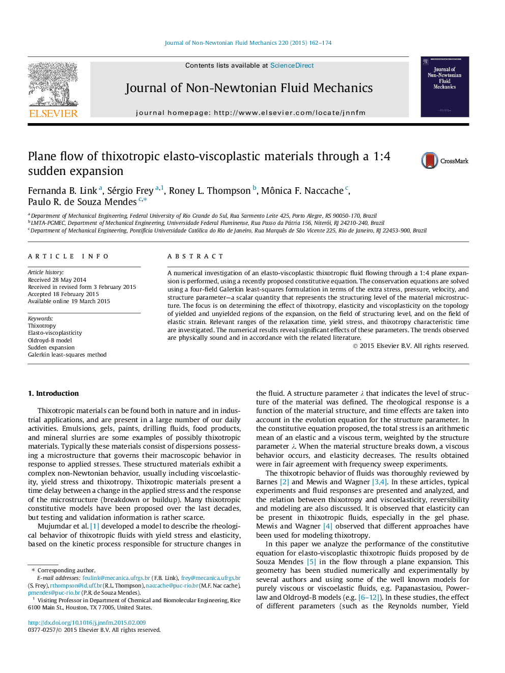 Plane flow of thixotropic elasto-viscoplastic materials through a 1:4 sudden expansion