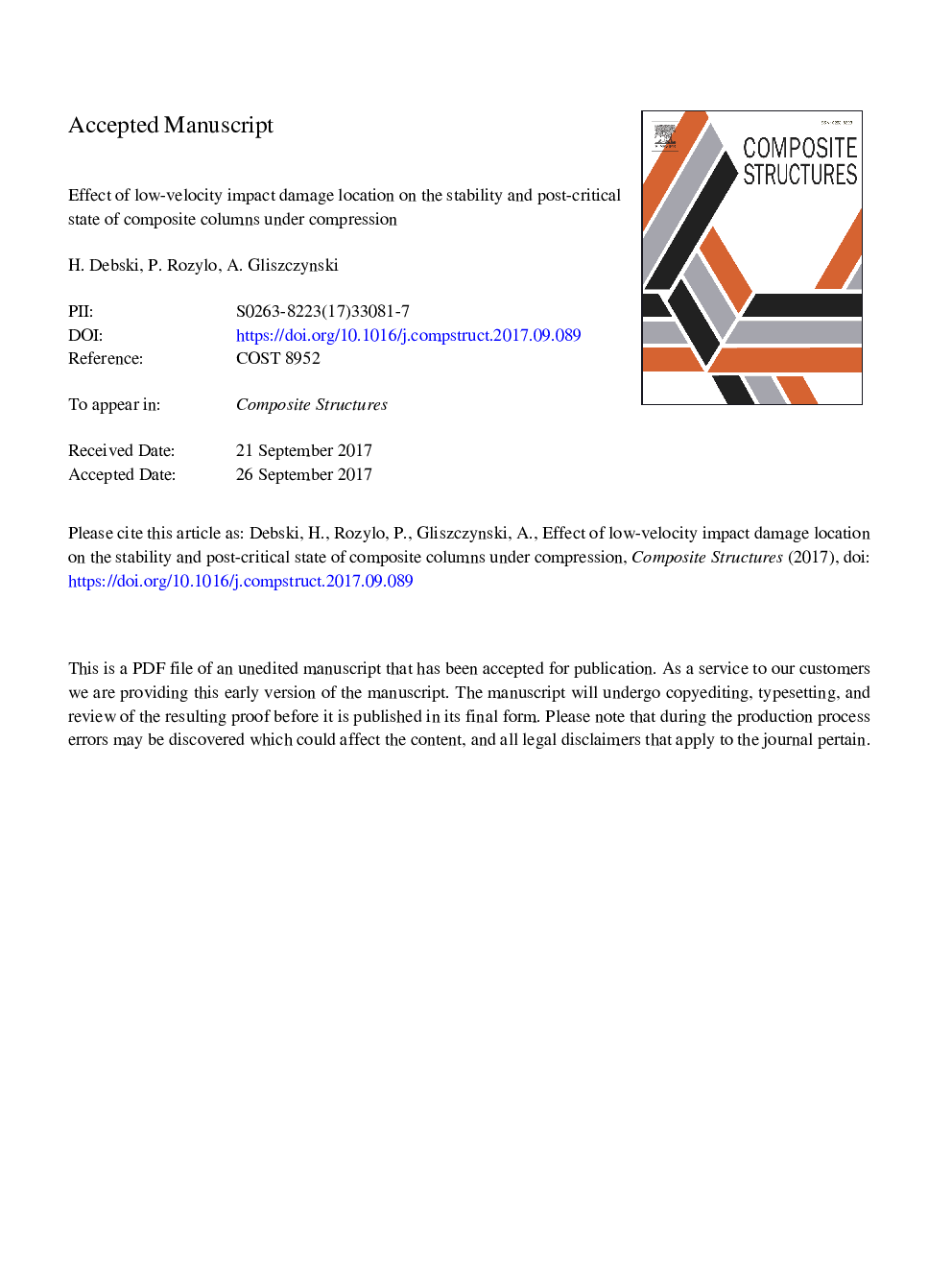 Effect of low-velocity impact damage location on the stability and post-critical state of composite columns under compression