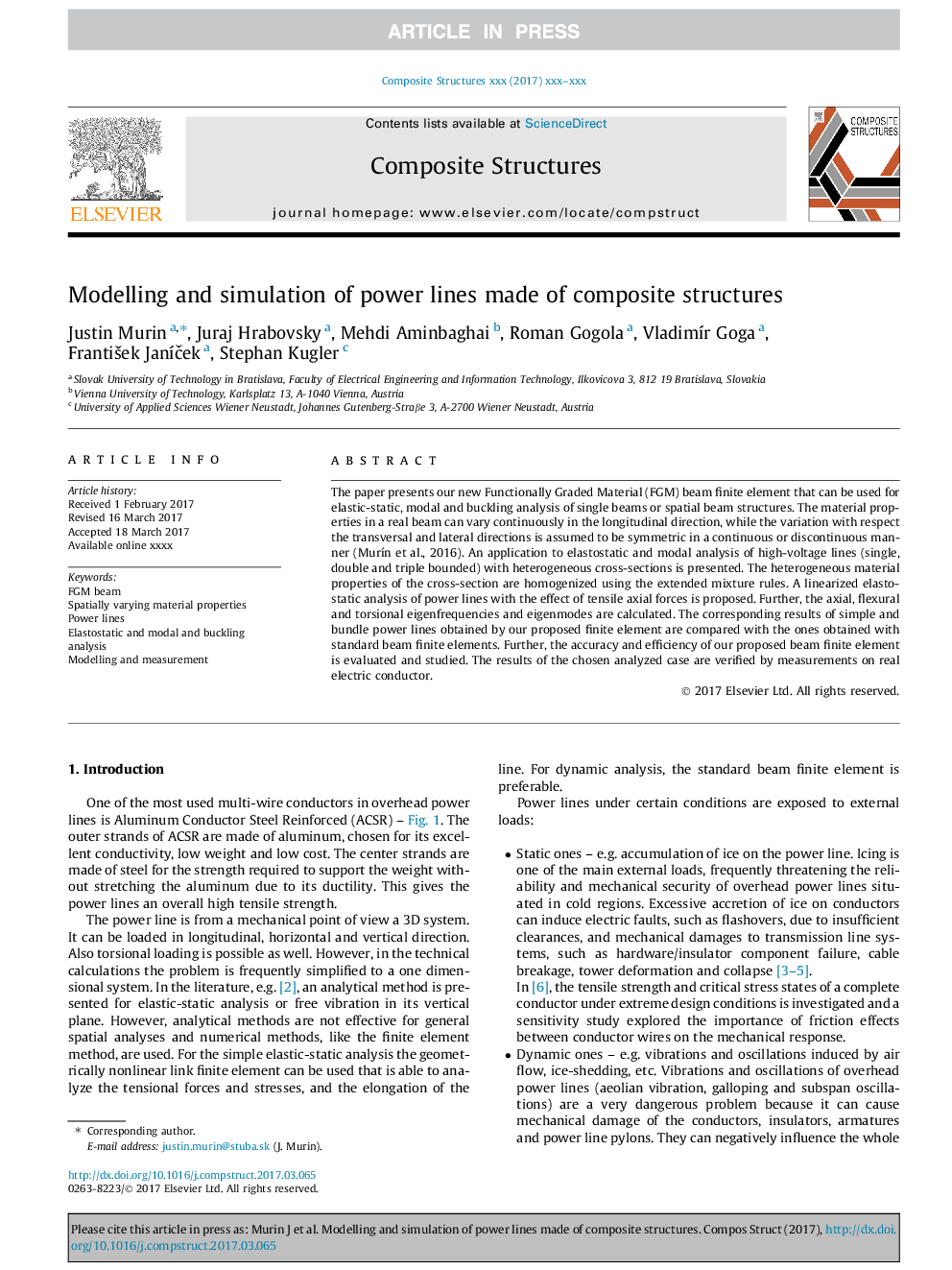 Modelling and simulation of power lines made of composite structures