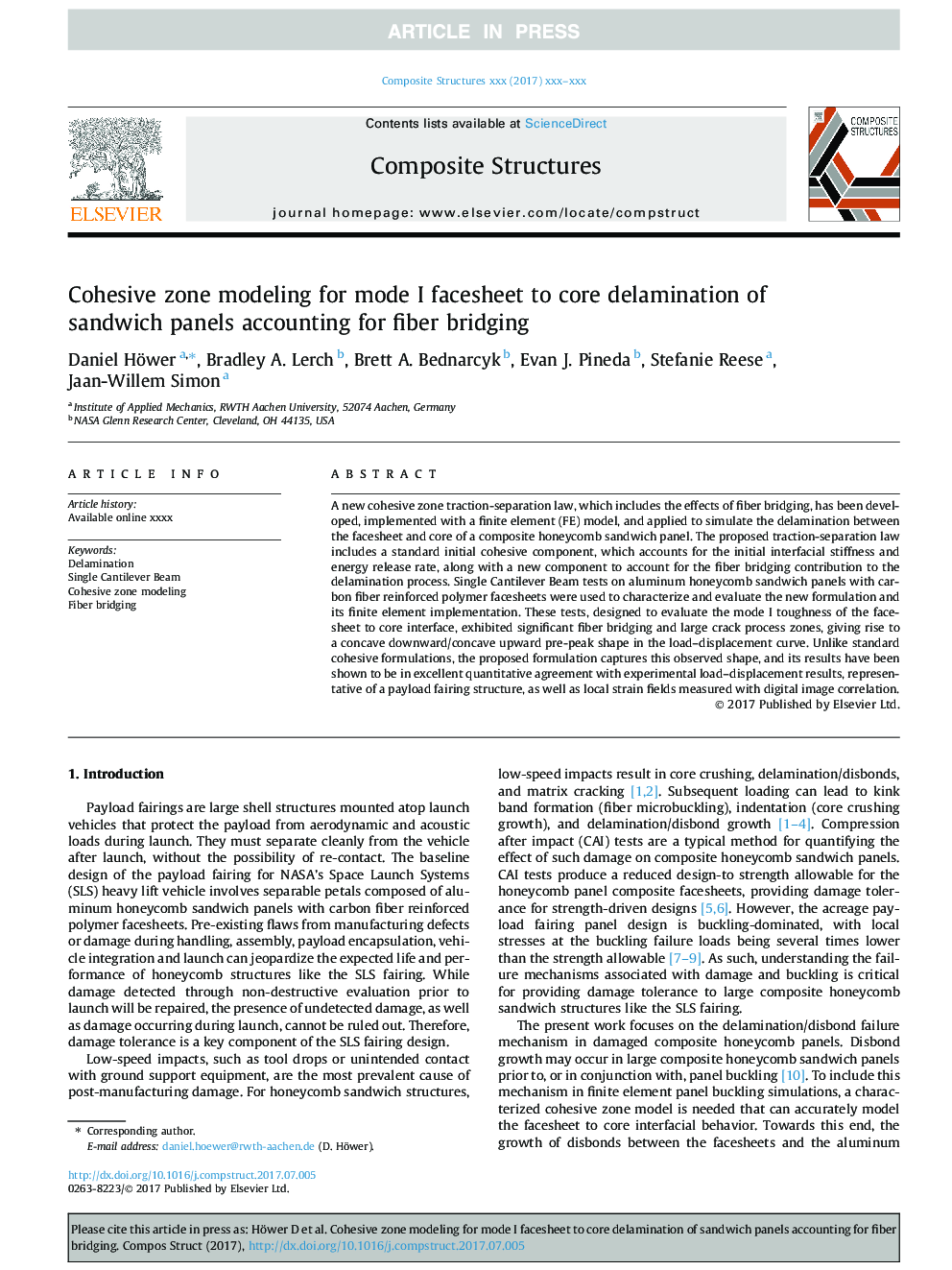 Cohesive zone modeling for mode I facesheet to core delamination of sandwich panels accounting for fiber bridging