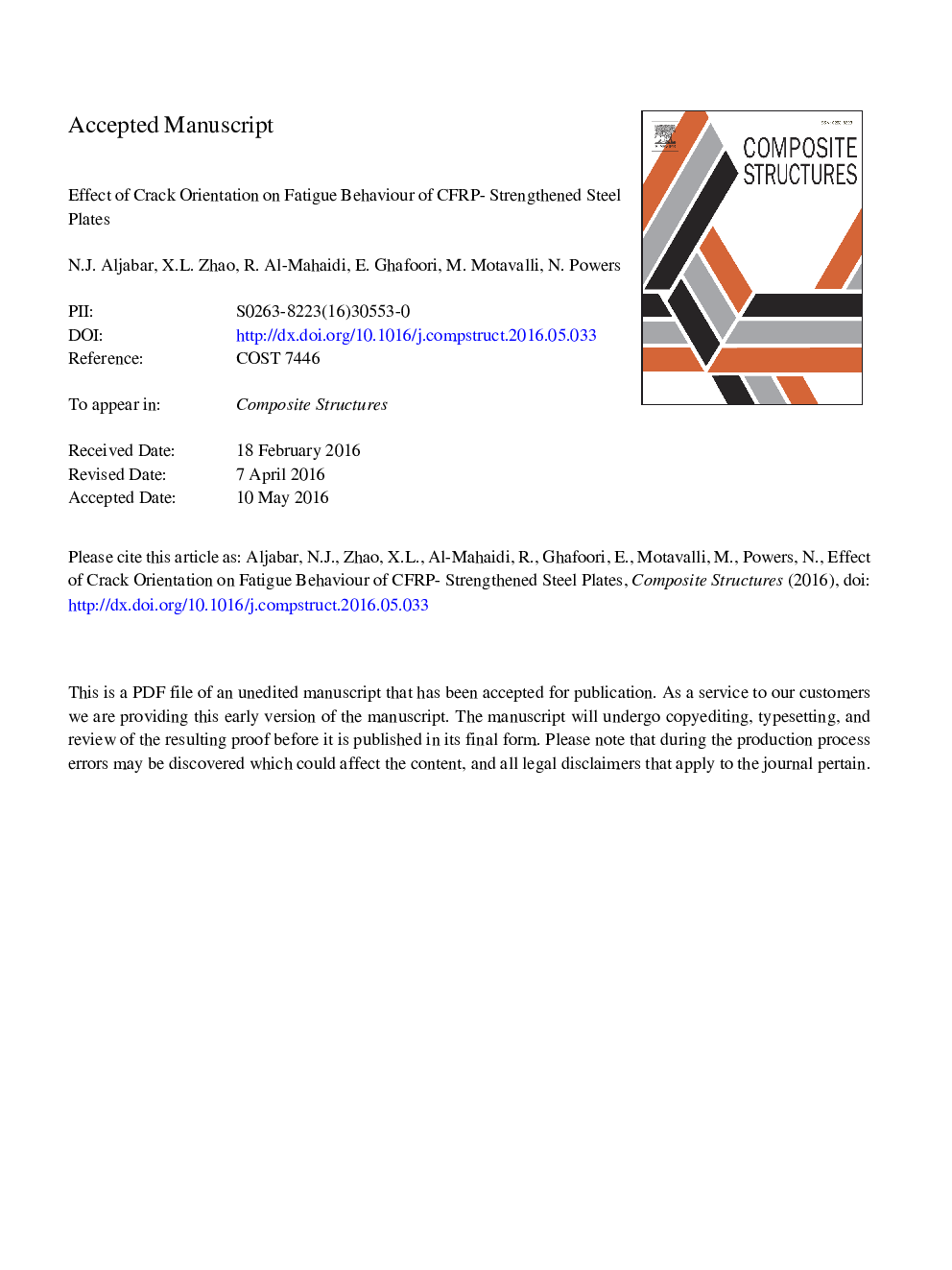 عکس صفحه اول مقاله: Effect of crack orientation on fatigue behavior of CFRP-strengthened steel plates Effect of crack orientation on fatigue behavior of CFRP-strengthened steel plates