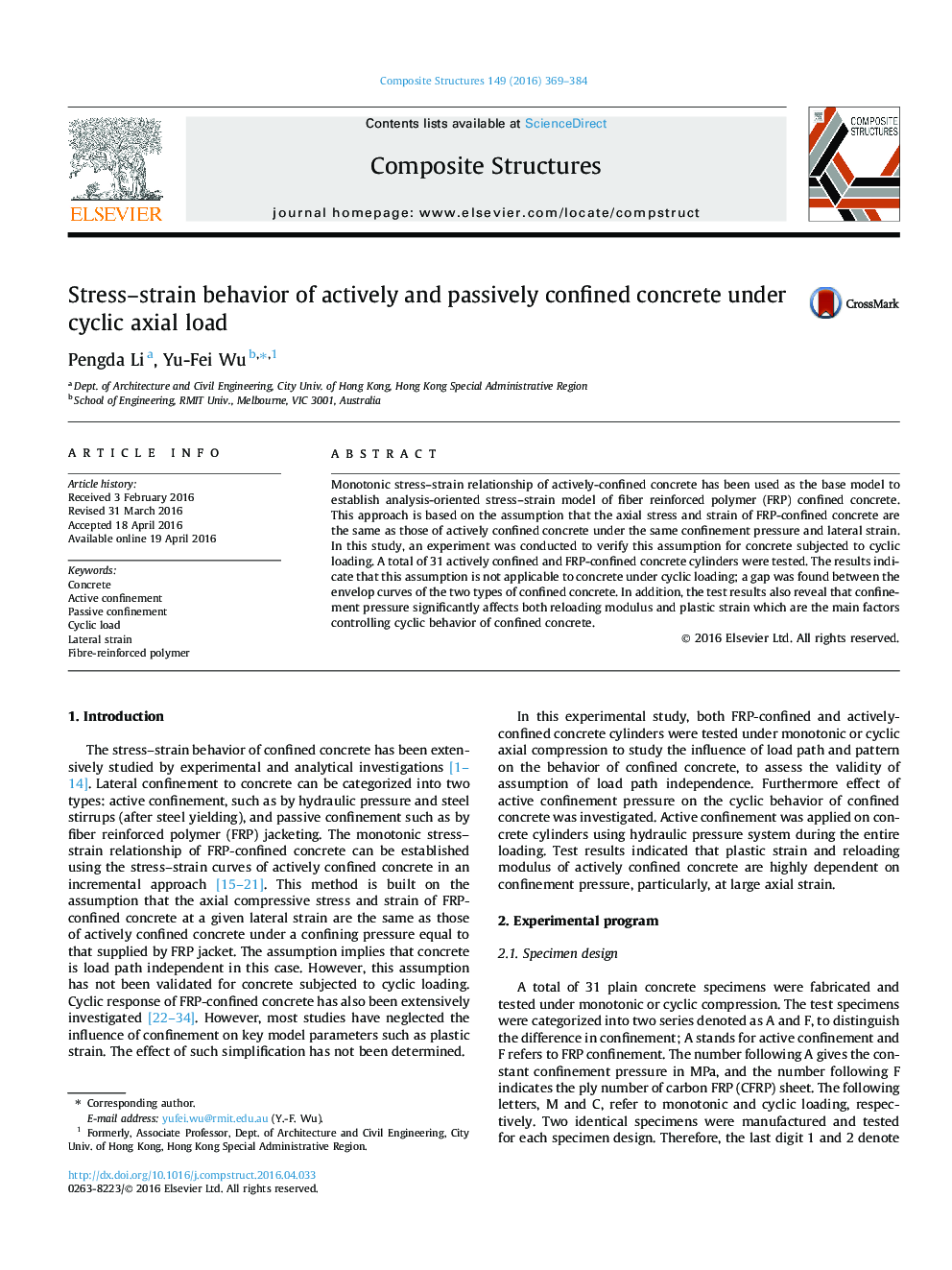 Stress-strain behavior of actively and passively confined concrete under cyclic axial load