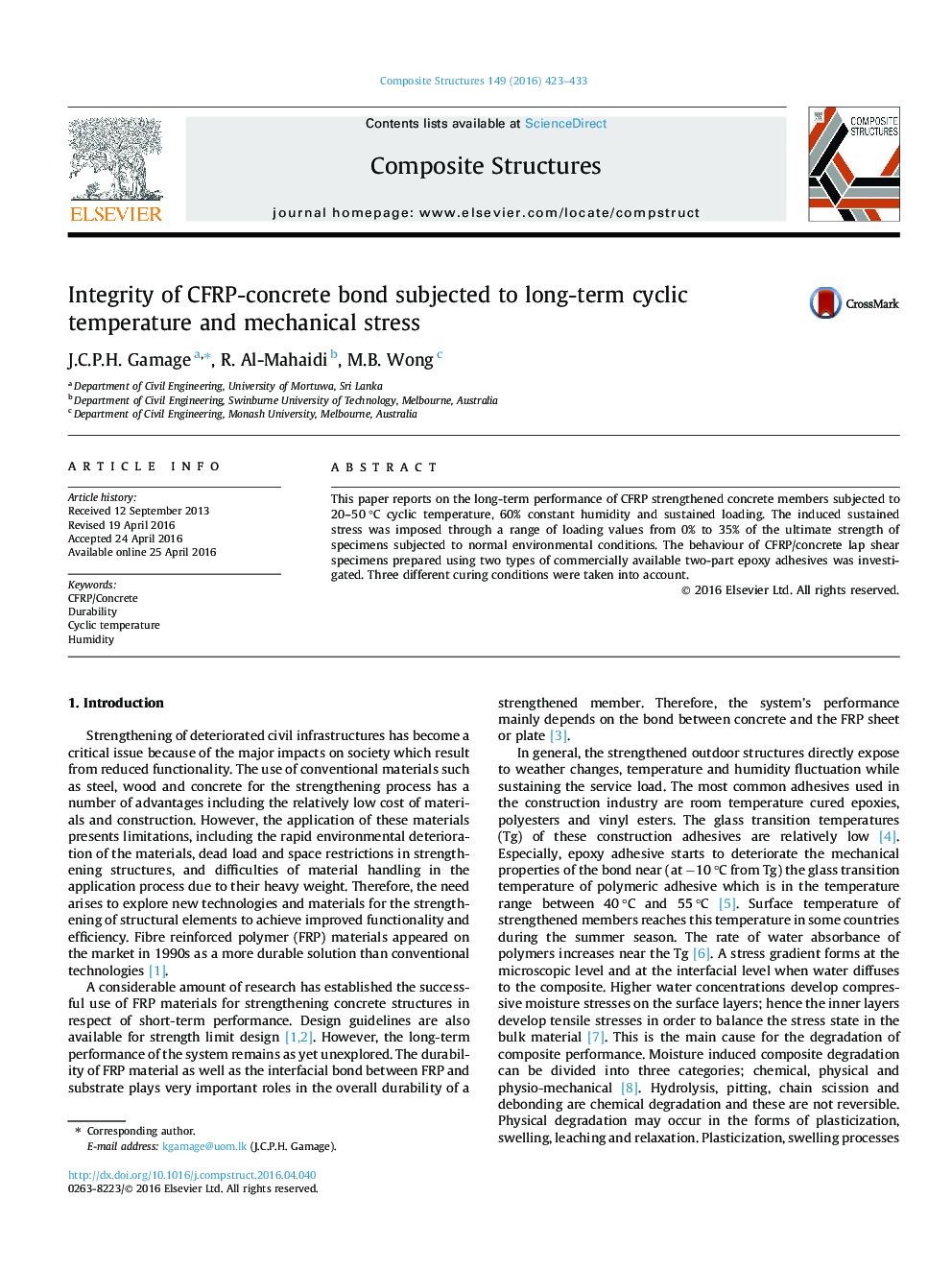 Integrity of CFRP-concrete bond subjected to long-term cyclic temperature and mechanical stress