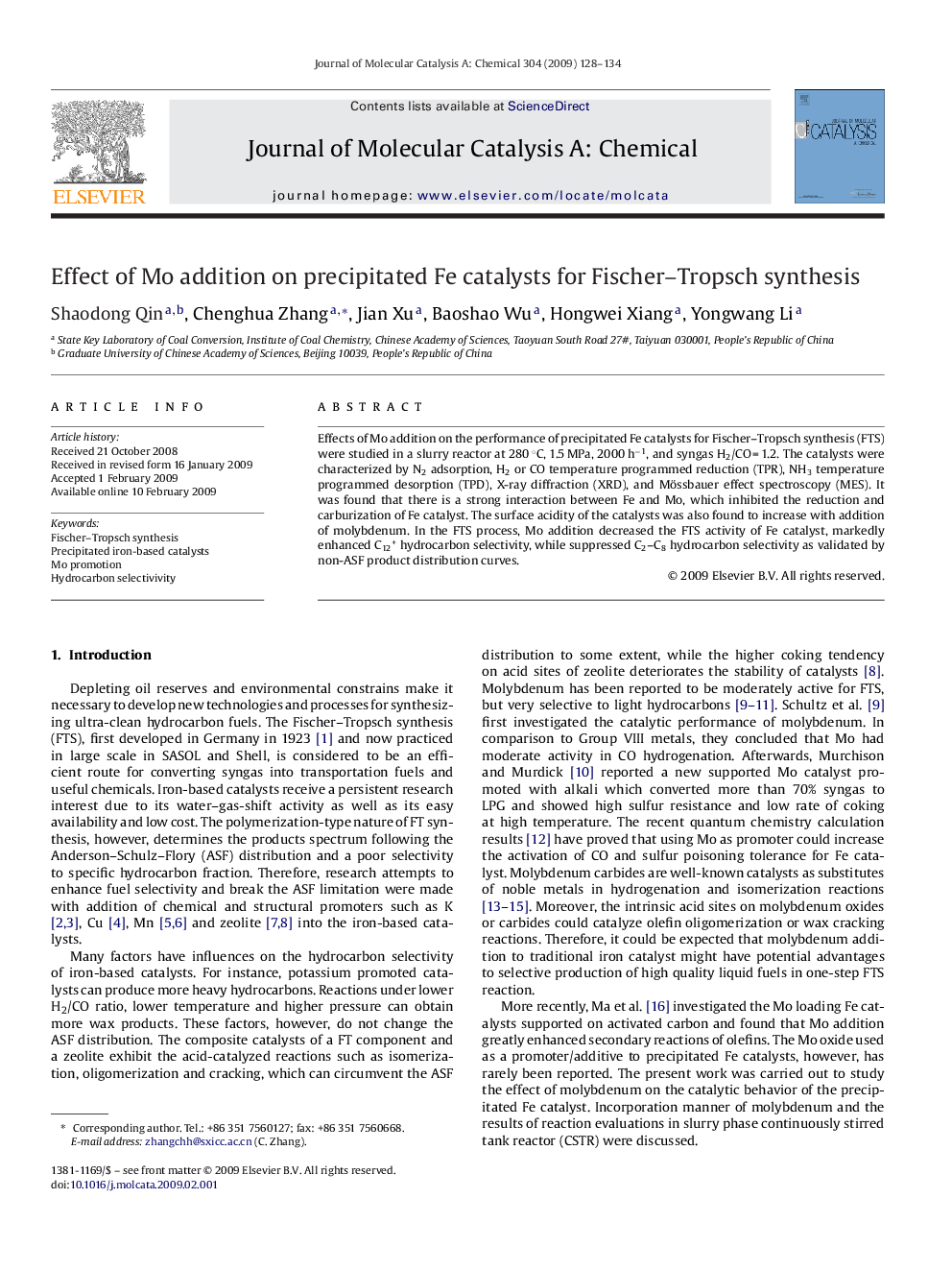 Effect of Mo addition on precipitated Fe catalysts for Fischer–Tropsch synthesis