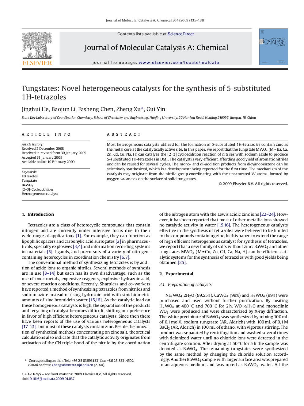 Tungstates: Novel heterogeneous catalysts for the synthesis of 5-substituted 1H-tetrazoles