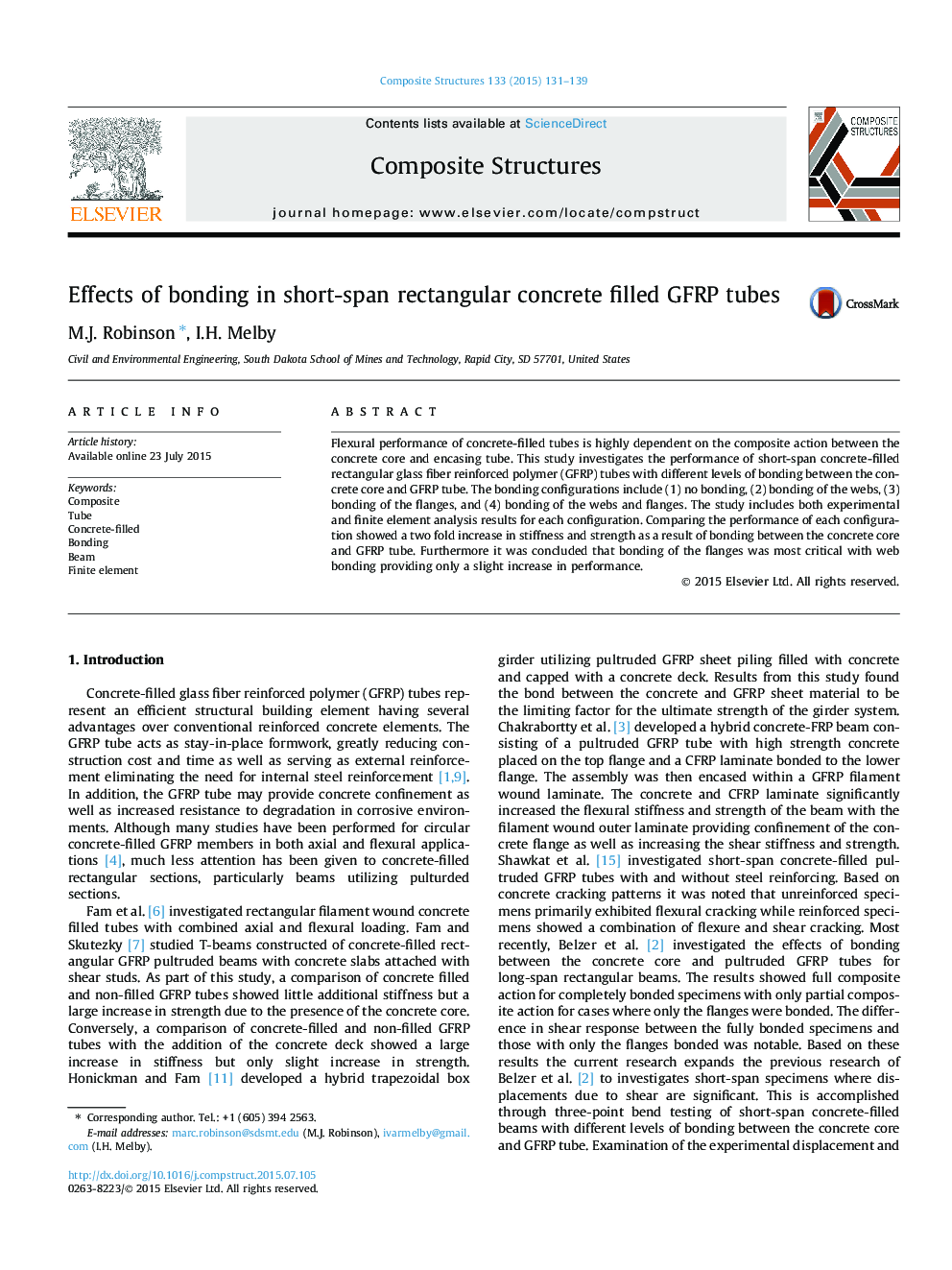 Effects of bonding in short-span rectangular concrete filled GFRP tubes