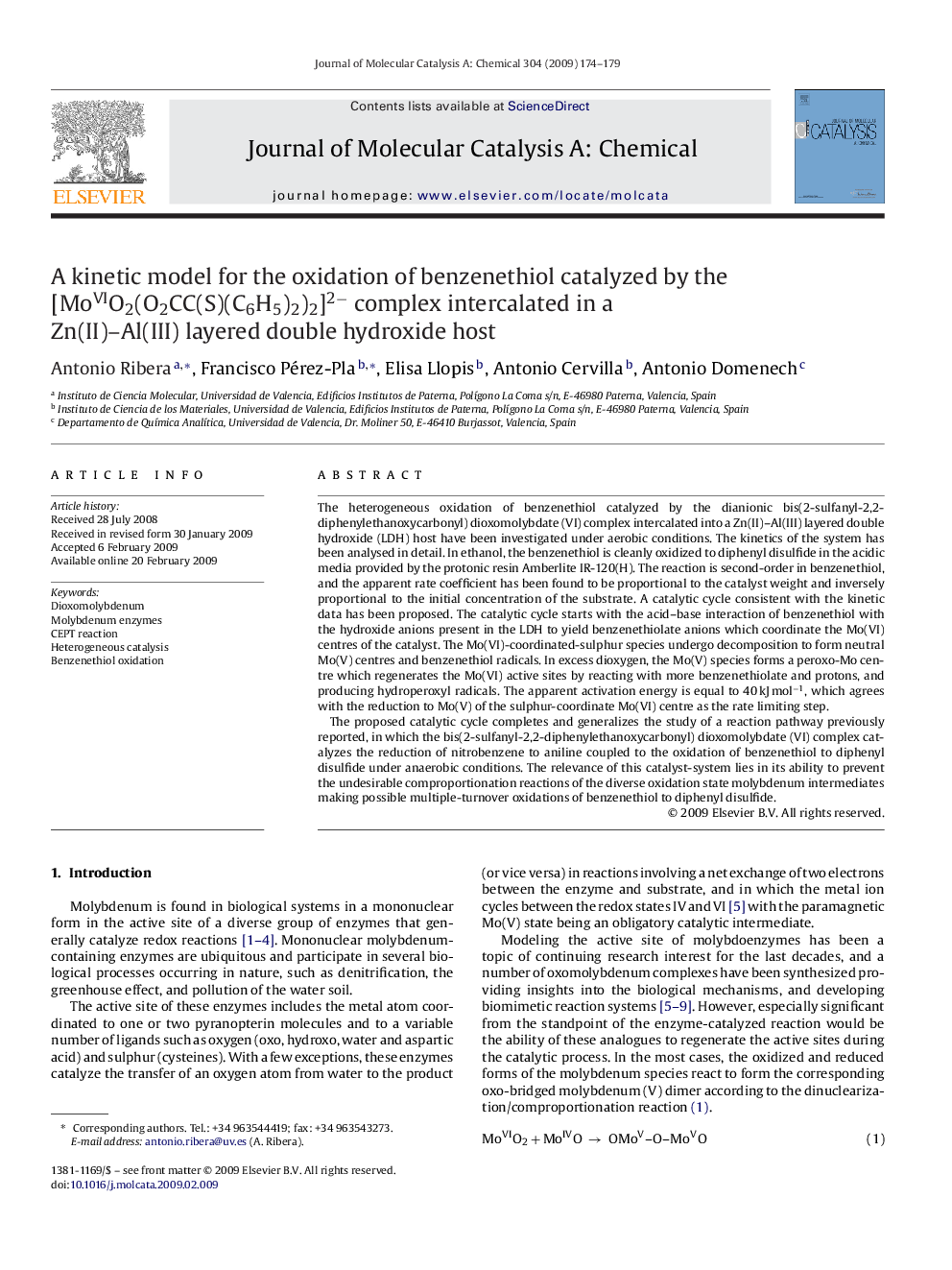 A kinetic model for the oxidation of benzenethiol catalyzed by the [MoVIO2(O2CC(S)(C6H5)2)2]2− complex intercalated in a Zn(II)–Al(III) layered double hydroxide host