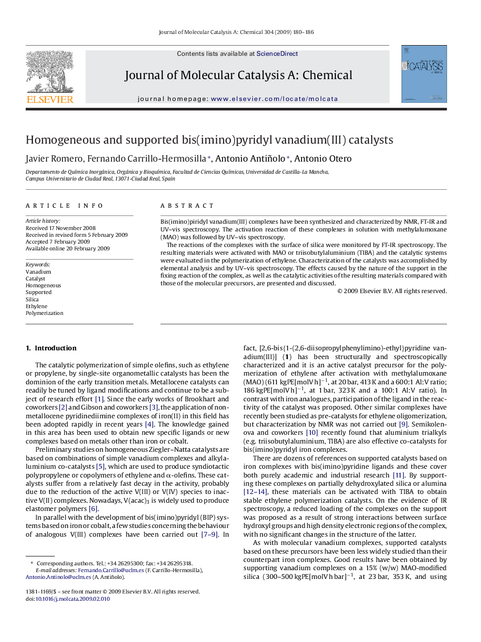 Homogeneous and supported bis(imino)pyridyl vanadium(III) catalysts