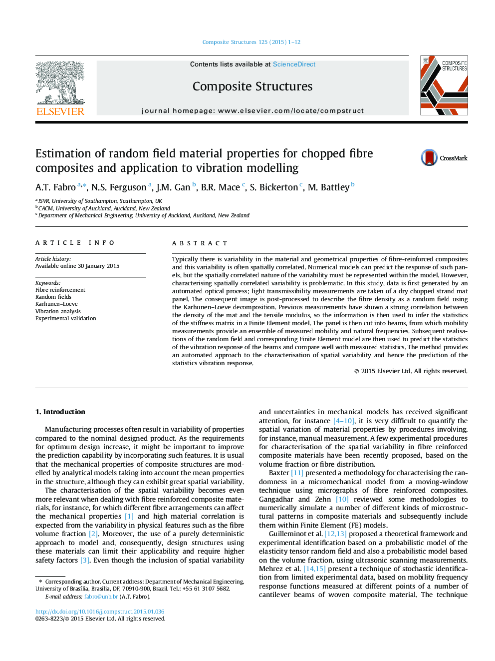 Estimation of random field material properties for chopped fibre composites and application to vibration modelling