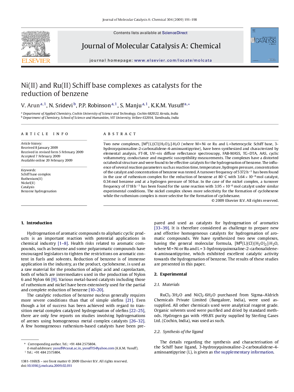 Ni(II) and Ru(II) Schiff base complexes as catalysts for the reduction of benzene