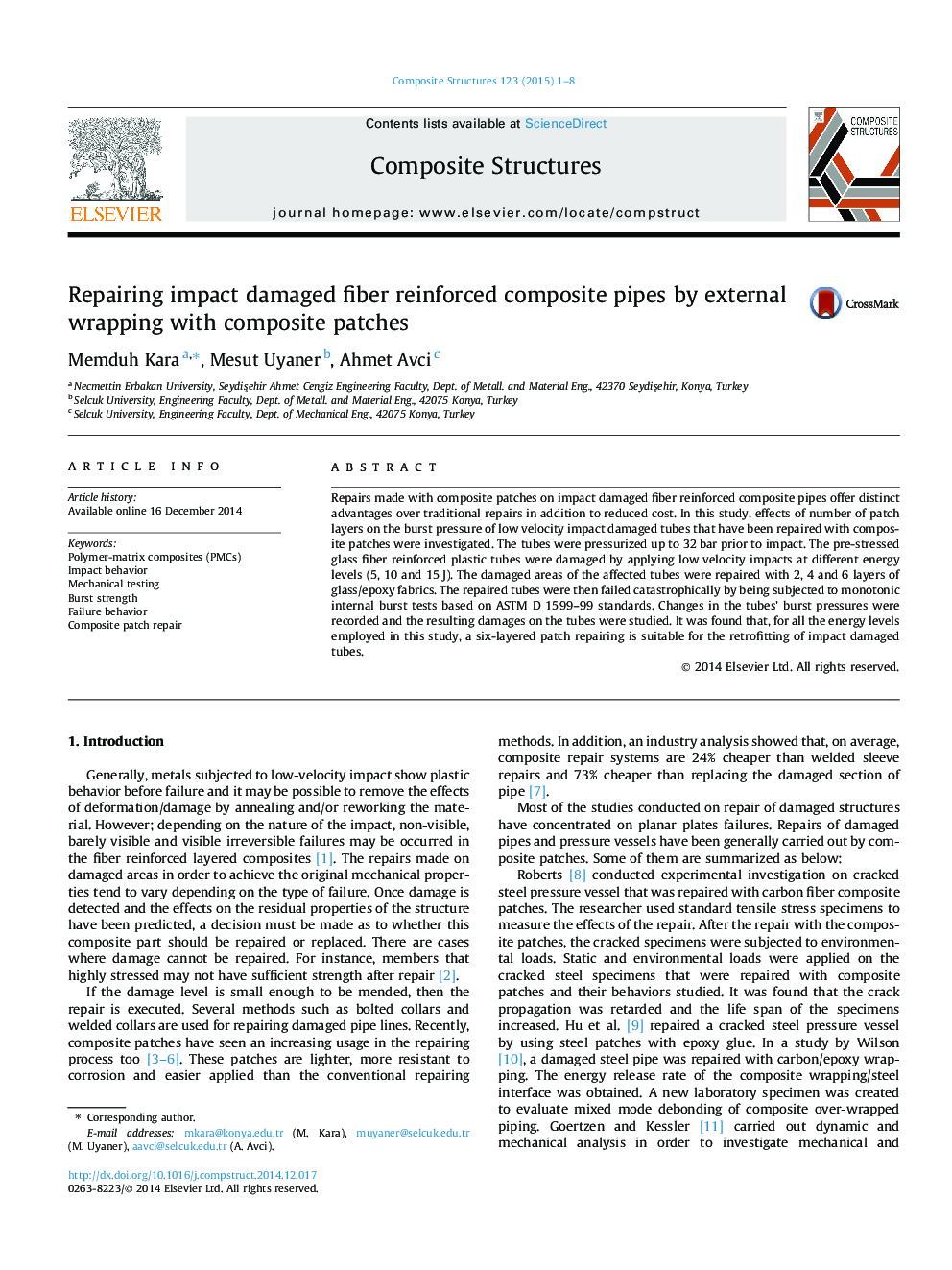 Repairing impact damaged fiber reinforced composite pipes by external wrapping with composite patches