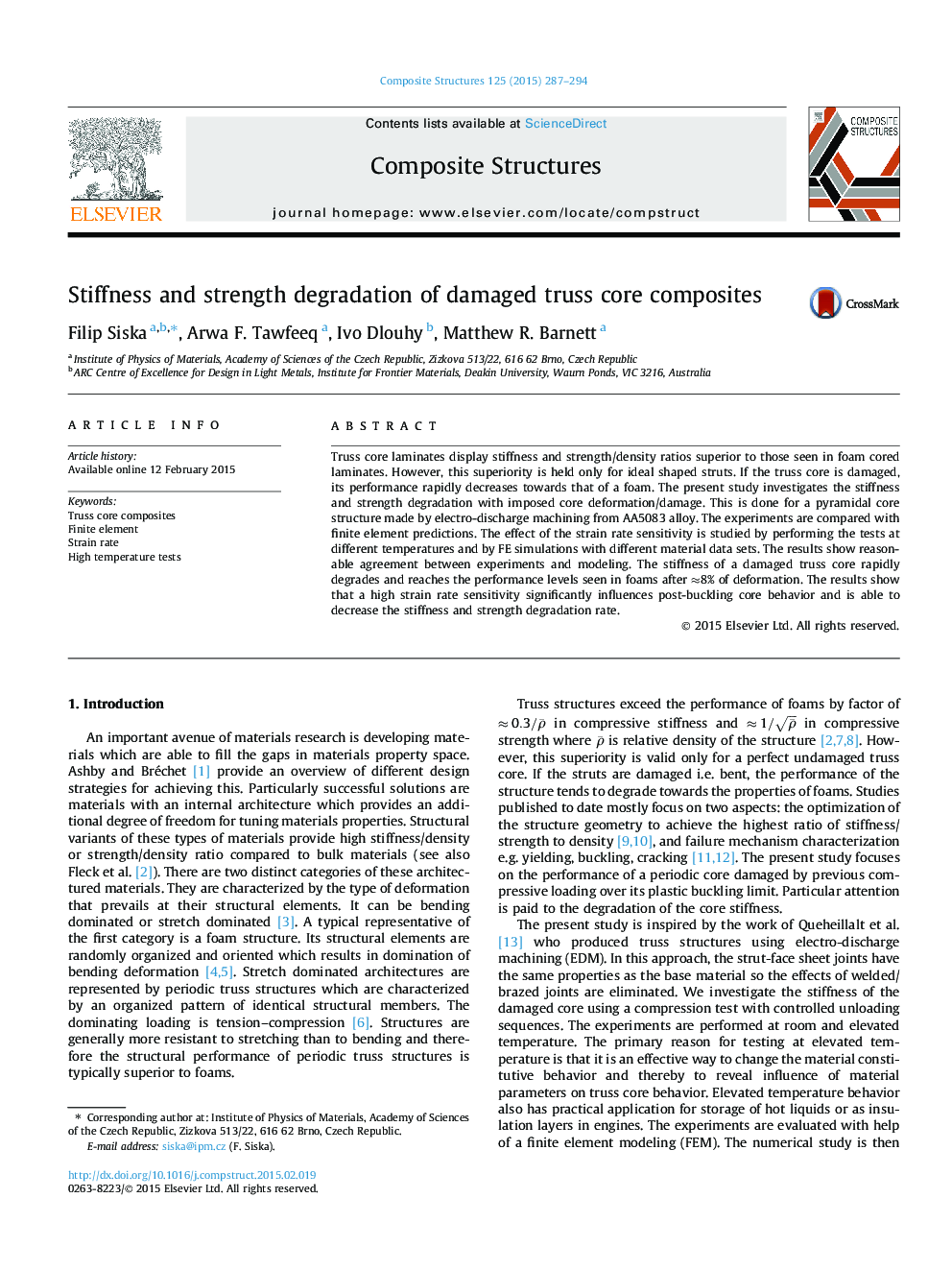 Stiffness and strength degradation of damaged truss core composites