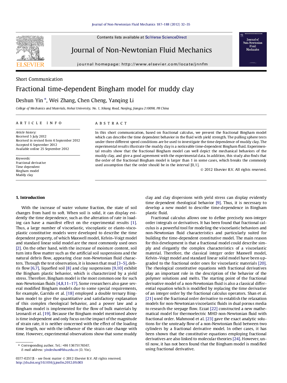 Fractional time-dependent Bingham model for muddy clay