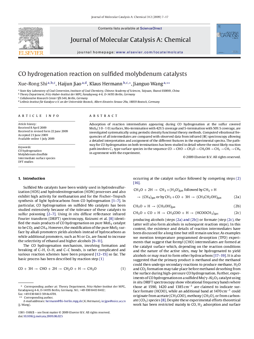 CO hydrogenation reaction on sulfided molybdenum catalysts