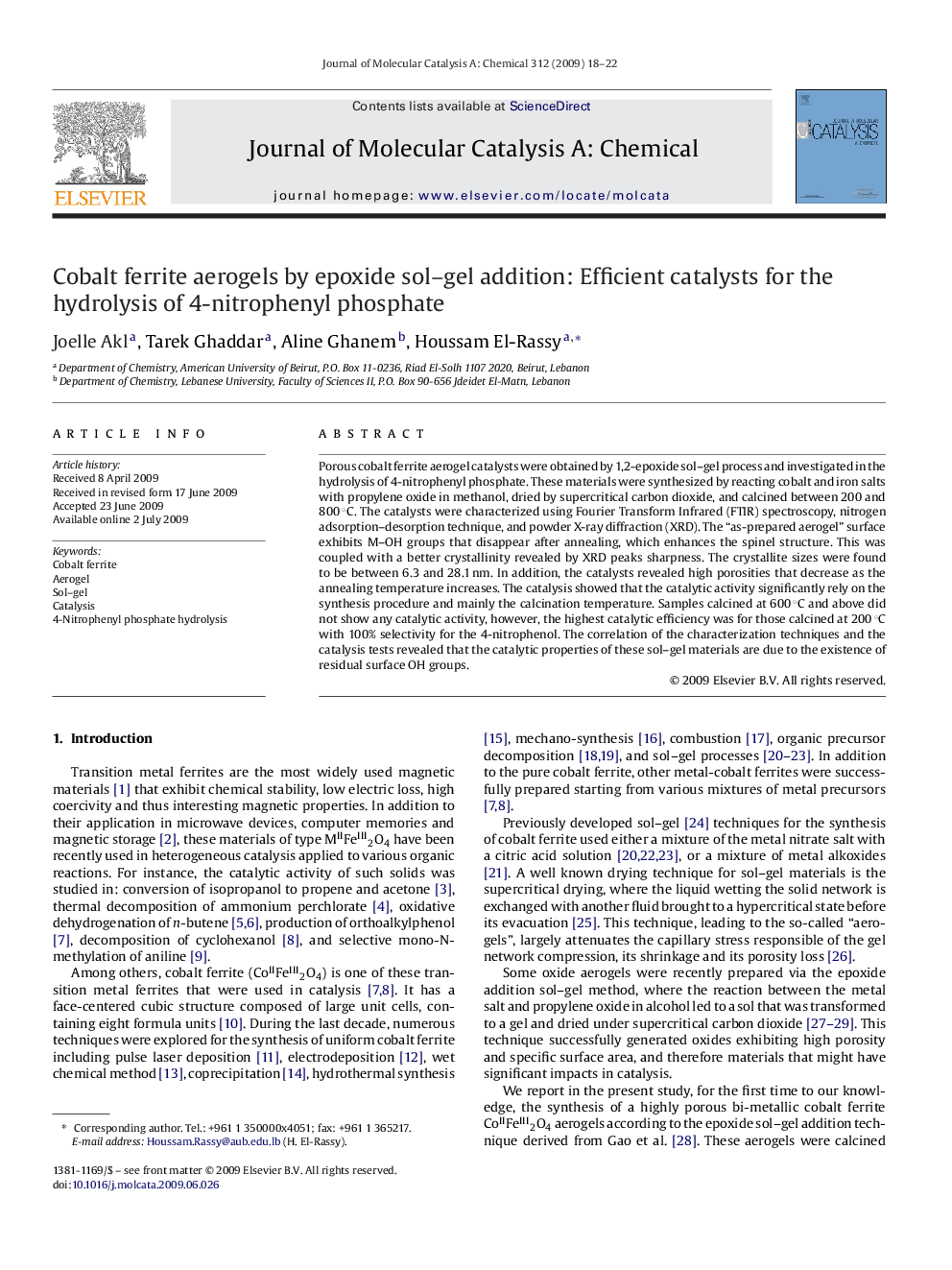 Cobalt ferrite aerogels by epoxide sol–gel addition: Efficient catalysts for the hydrolysis of 4-nitrophenyl phosphate