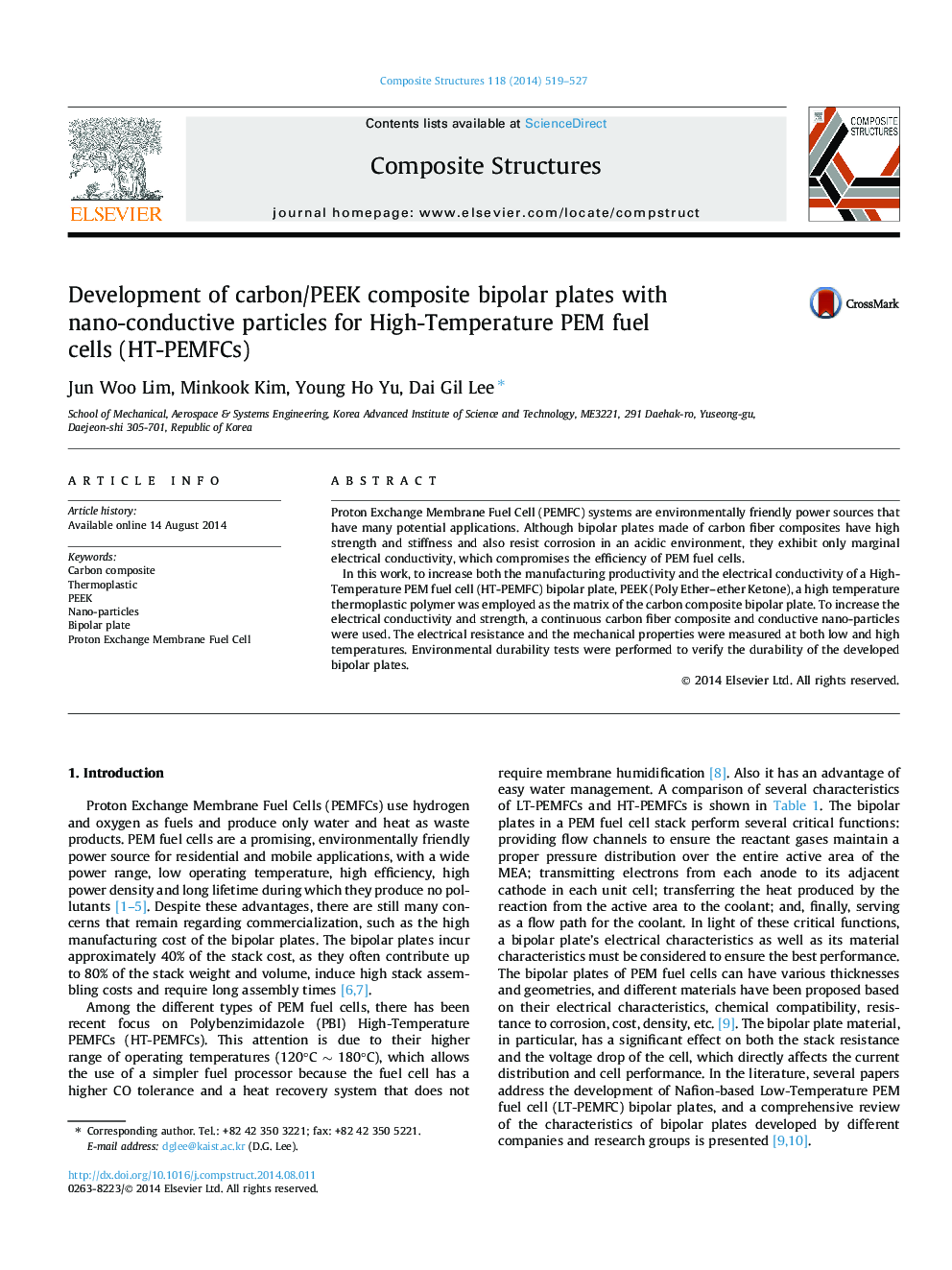 Development of carbon/PEEK composite bipolar plates with nano-conductive particles for High-Temperature PEM fuel cells (HT-PEMFCs)