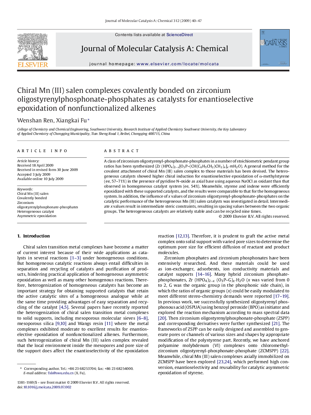 Chiral Mn (III) salen complexes covalently bonded on zirconium oligostyrenylphosphonate-phosphates as catalysts for enantioselective epoxidation of nonfunctionalized alkenes