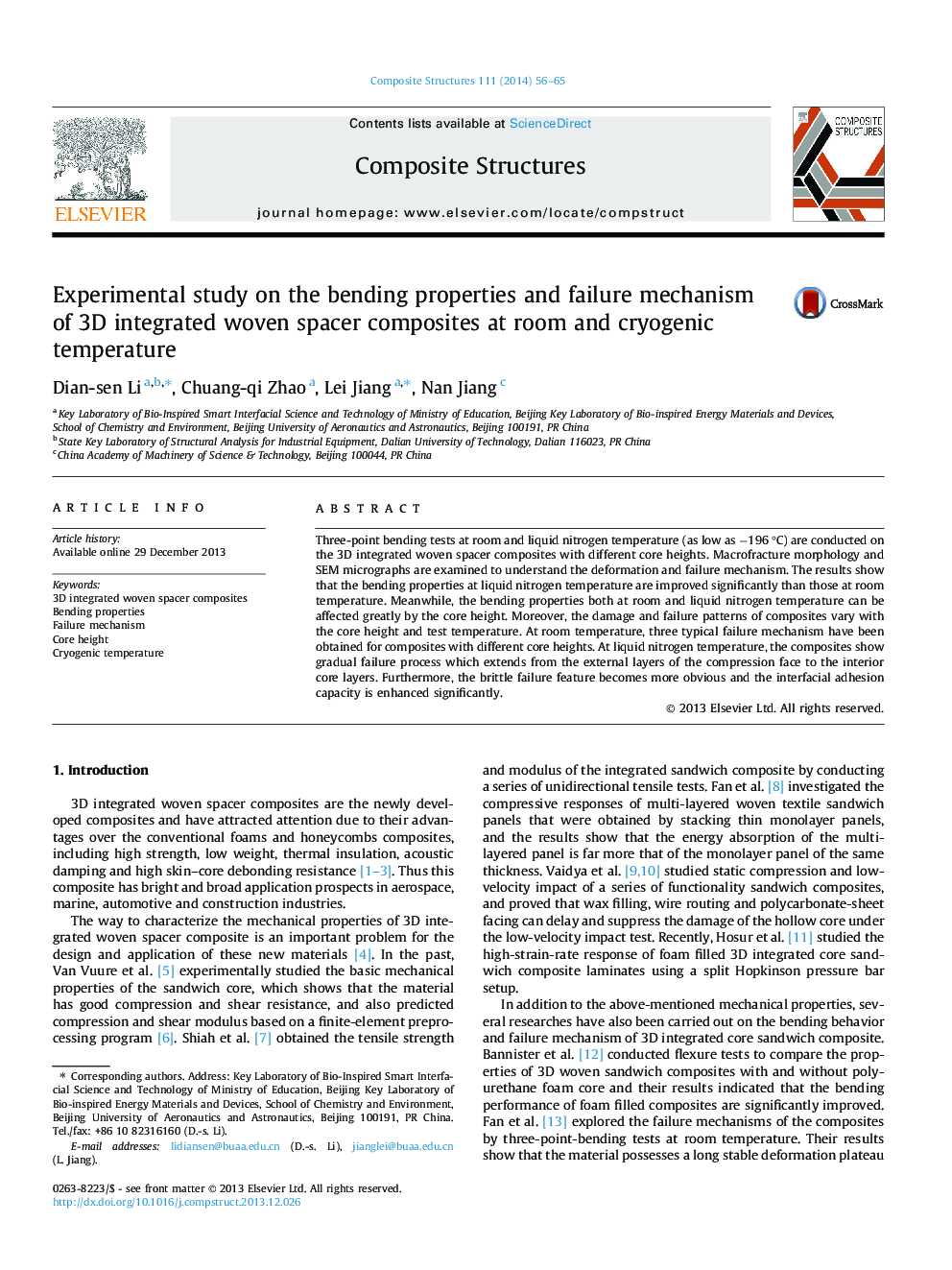 عکس صفحه اول مقاله: Experimental study on the bending properties and failure mechanism of 3D integrated woven spacer composites at room and cryogenic temperature Experimental study on the bending properties and failure mechanism of 3D integrated woven spacer composites at room and cryogenic temperature