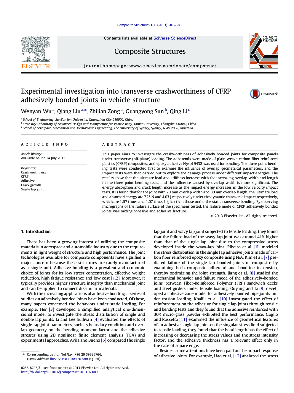 Experimental investigation into transverse crashworthiness of CFRP adhesively bonded joints in vehicle structure