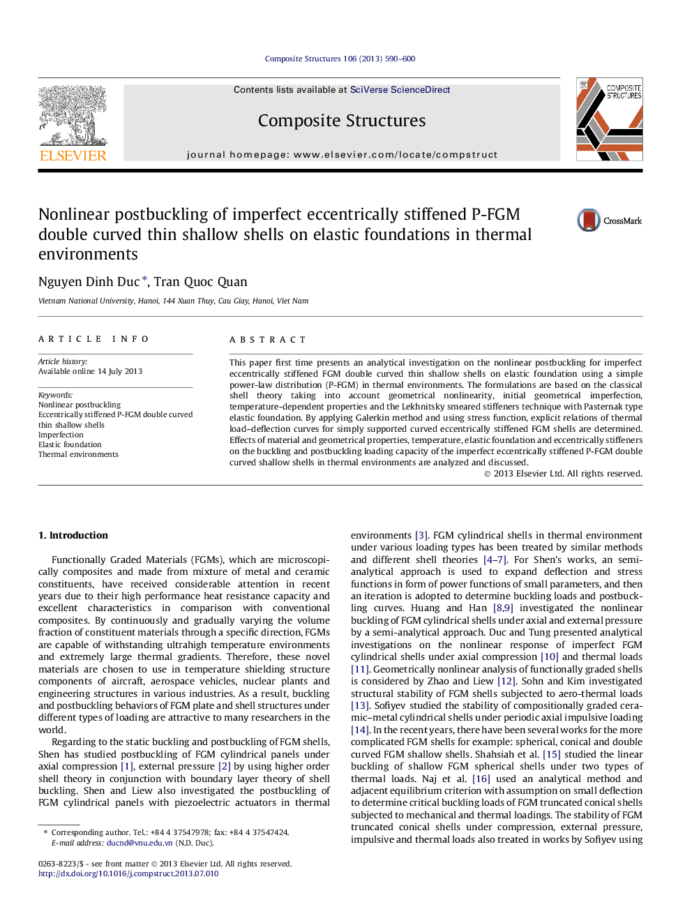 Nonlinear postbuckling of imperfect eccentrically stiffened P-FGM double curved thin shallow shells on elastic foundations in thermal environments