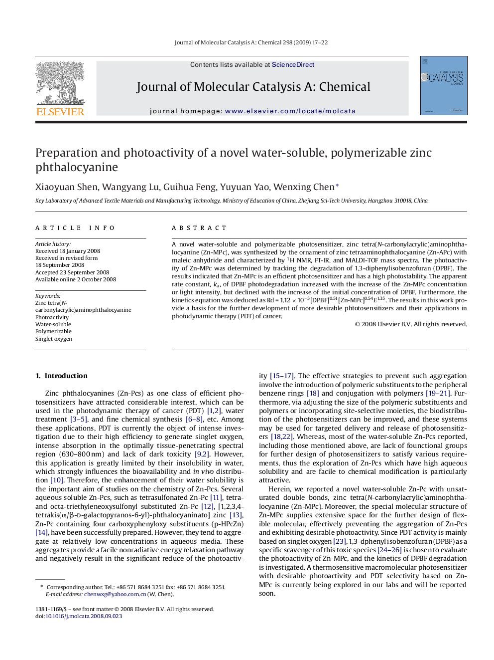 Preparation and photoactivity of a novel water-soluble, polymerizable zinc phthalocyanine