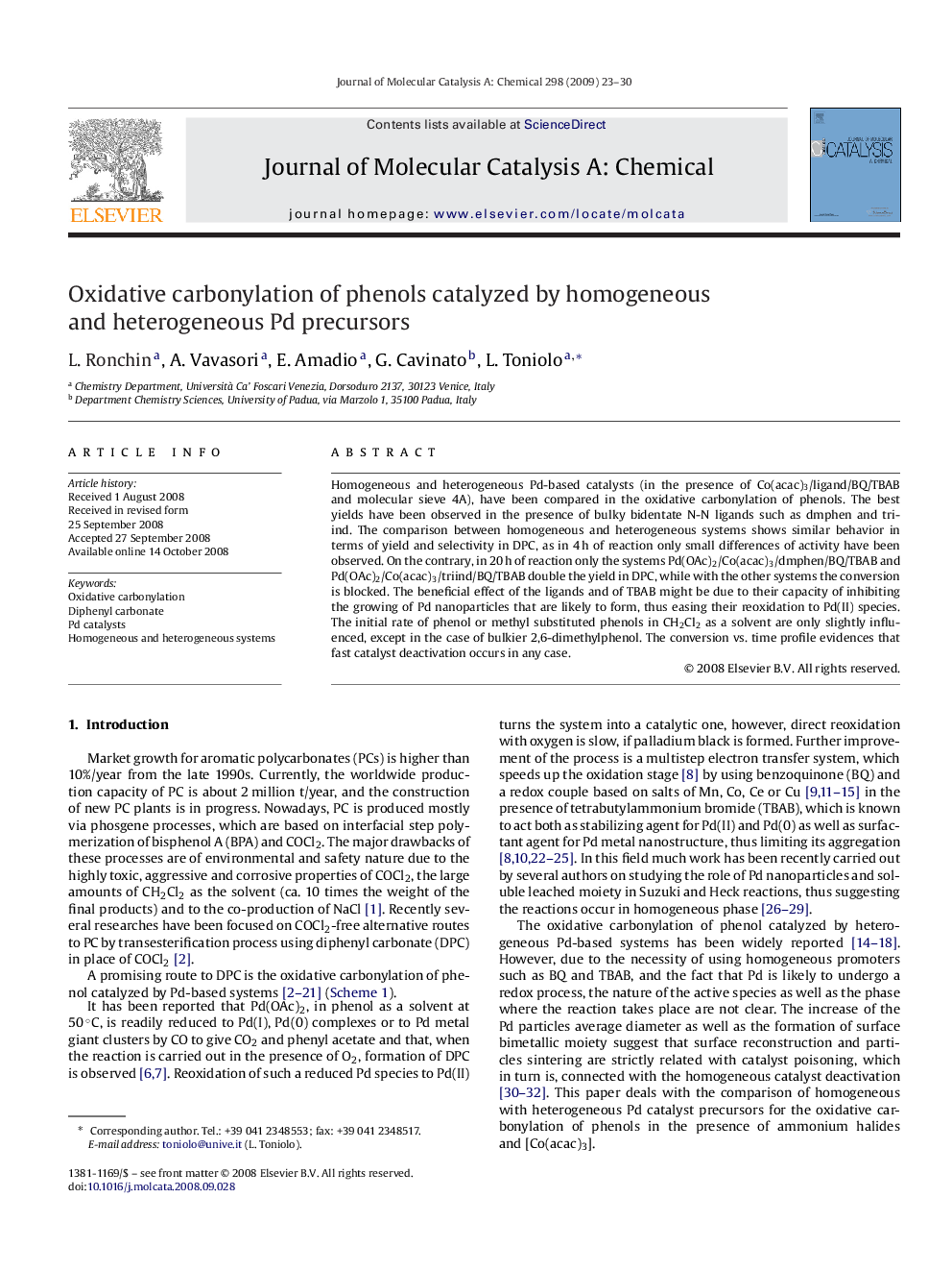 Oxidative carbonylation of phenols catalyzed by homogeneous and heterogeneous Pd precursors