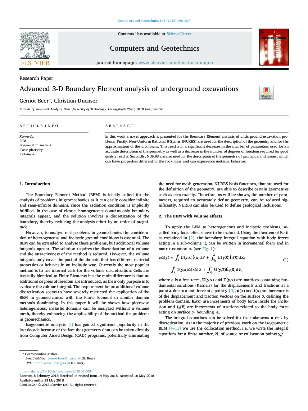 Advanced 3-D Boundary Element analysis of underground excavations